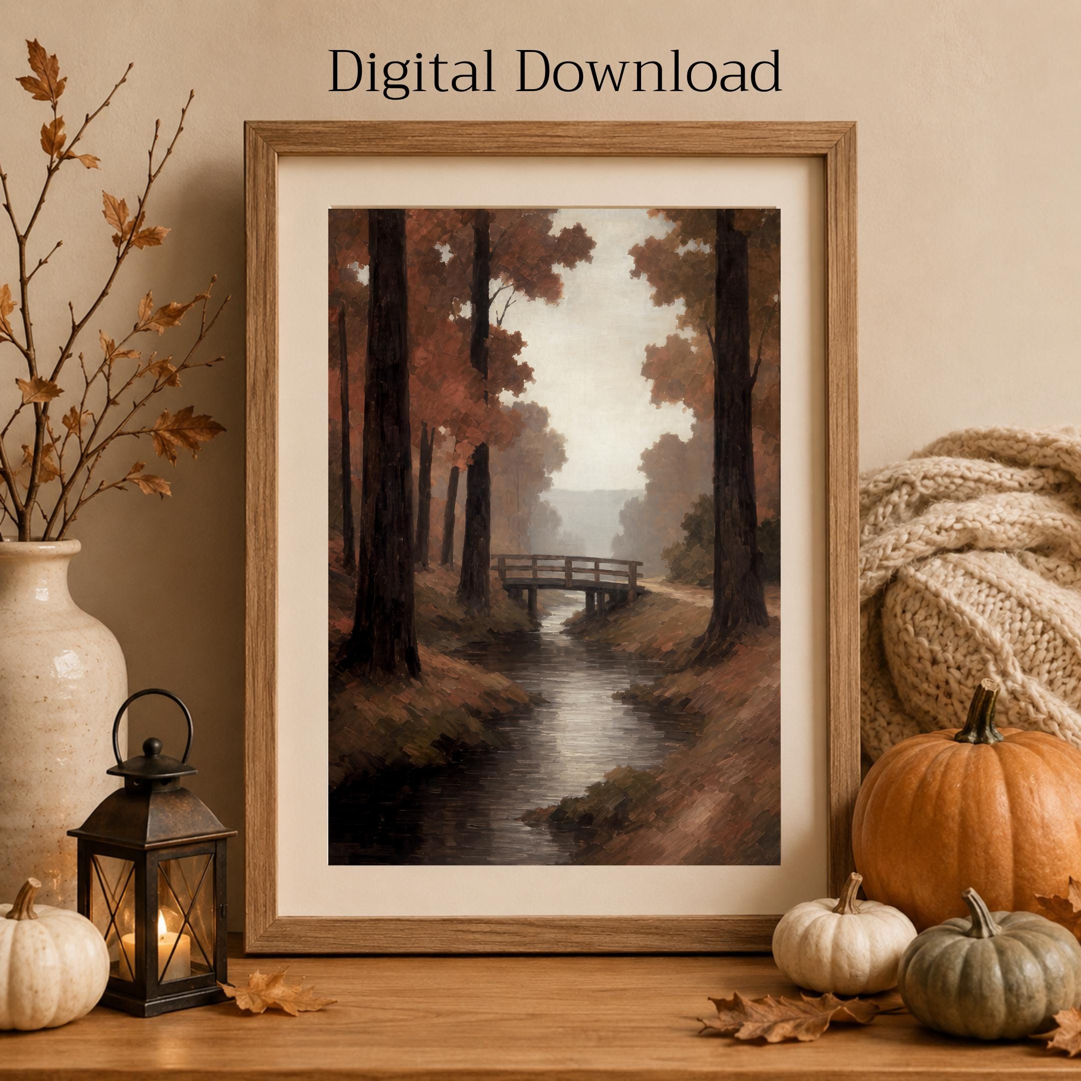 Fall Stream Wall Art | Autumn Forest Bridge Print | Moody Printable Digital Download — image 6