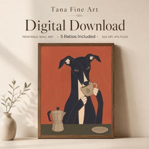 May include: A digital download wall art print featuring a black dog with a white chest marking sitting at a table. The dog holds a small beige cup with a leaf design. A beige moka pot and a small saucer sit on the table against a terracotta background.