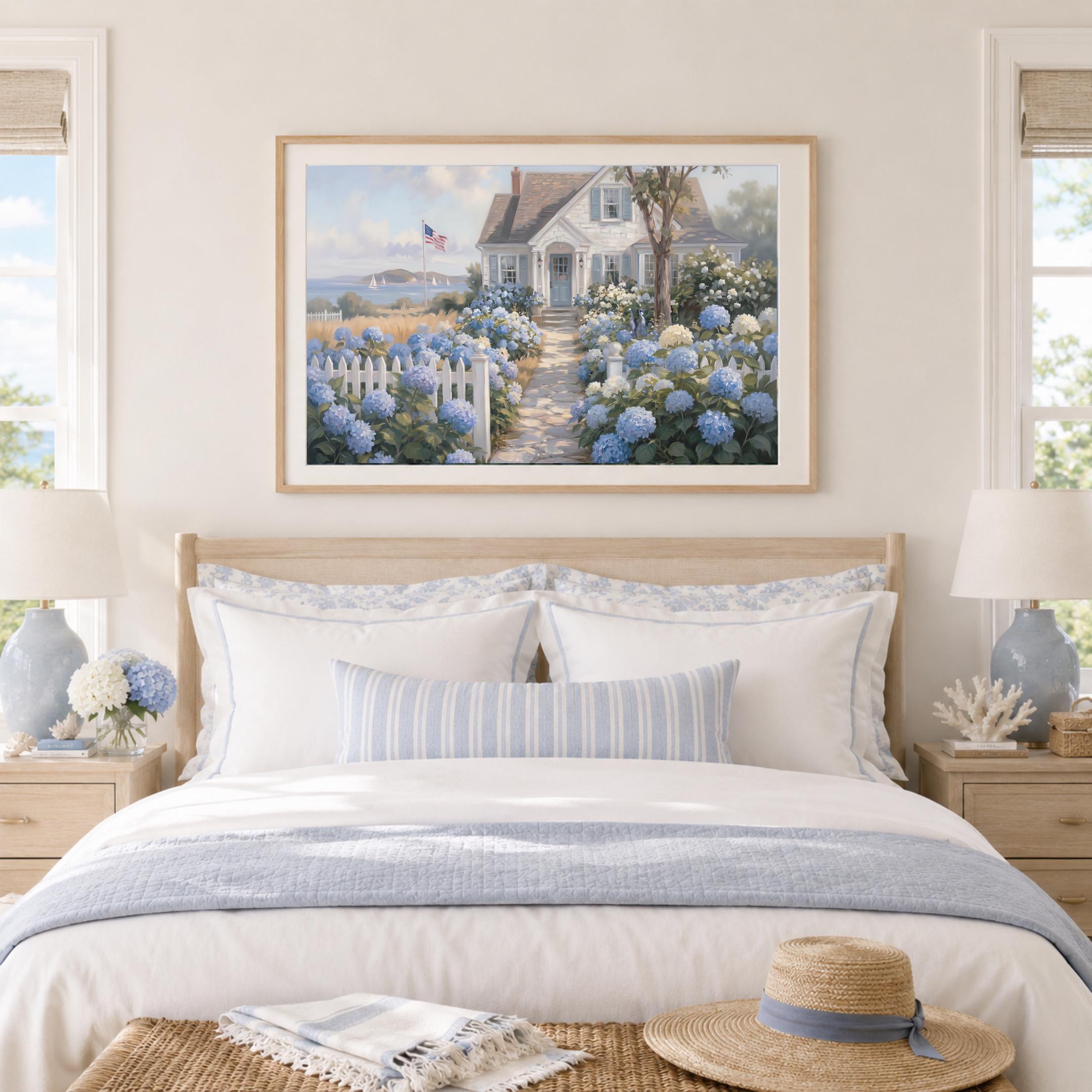 Patriotic Coastal Hydrangea Cottage Printable Wall Art, American Flag Beach Home Decor Digital Download — image 4