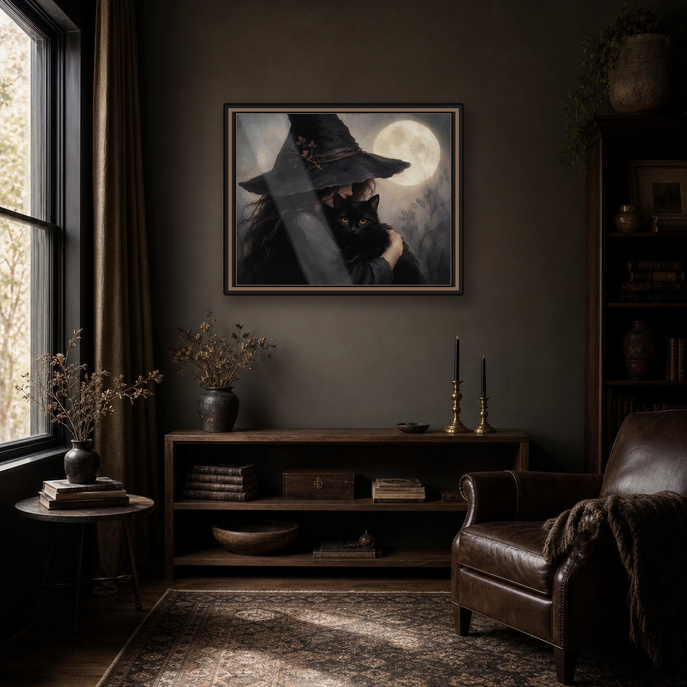 Halloween Witch Wall Art Printables | Black Cat Moon Print | Dark Gothic Decor Digital Download — image 4