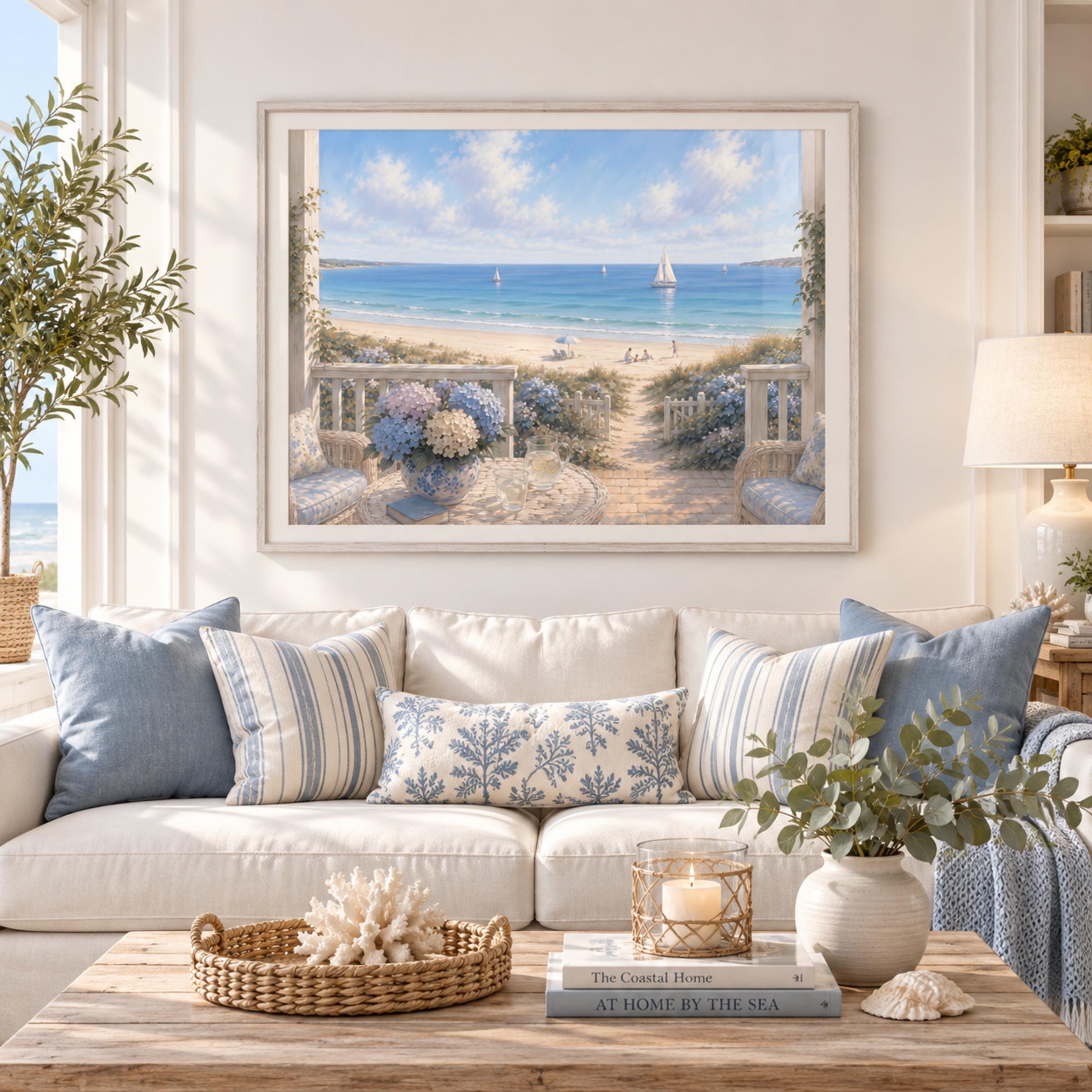 Summer Coastal Hydrangea Porch Printable Wall Art, Beach Cottage Ocean View Decor Digital Download — image 4