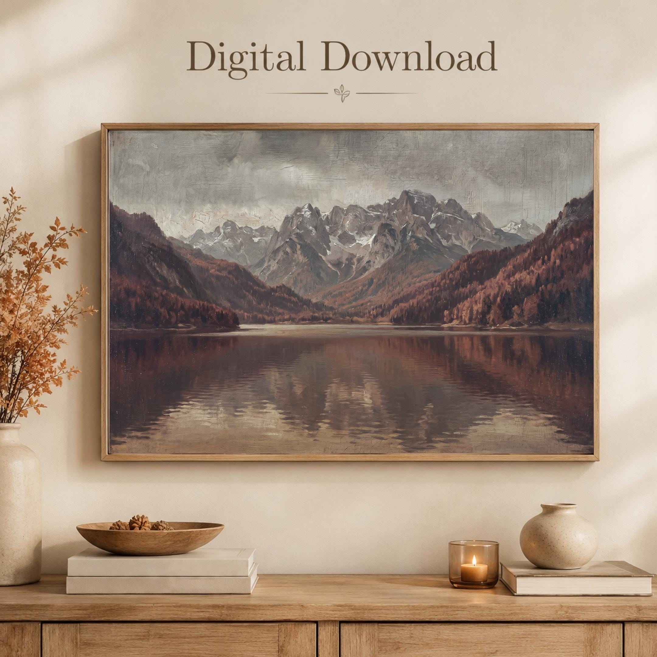 Vintage Fall Mountain Lake Printable Wall Art, Moody Alpine Landscape, Rustic Cabin Digital Download — image 5