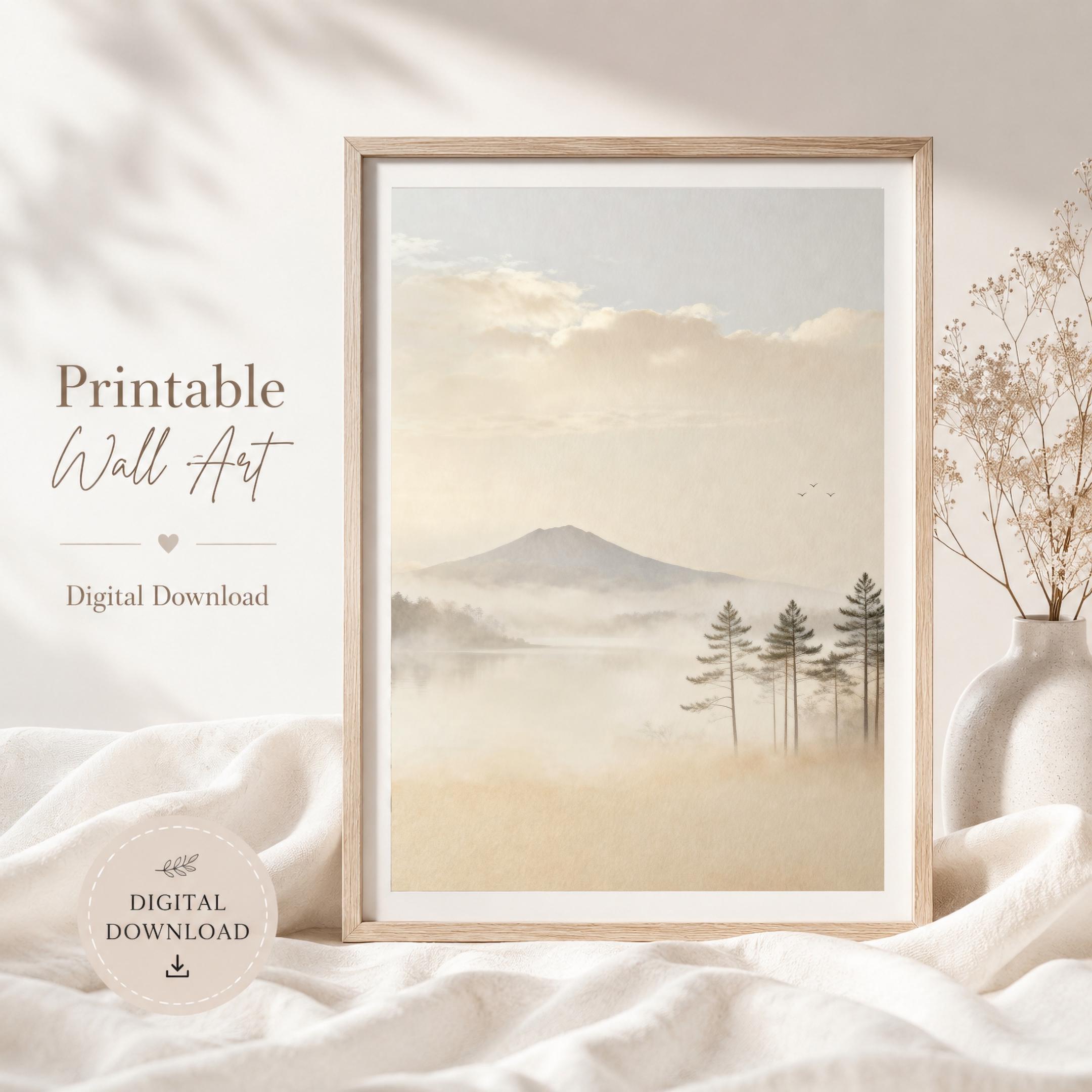 Neutral Mountain Lake Printable Wall Art, Misty Pine Forest, Japandi Decor Digital Download