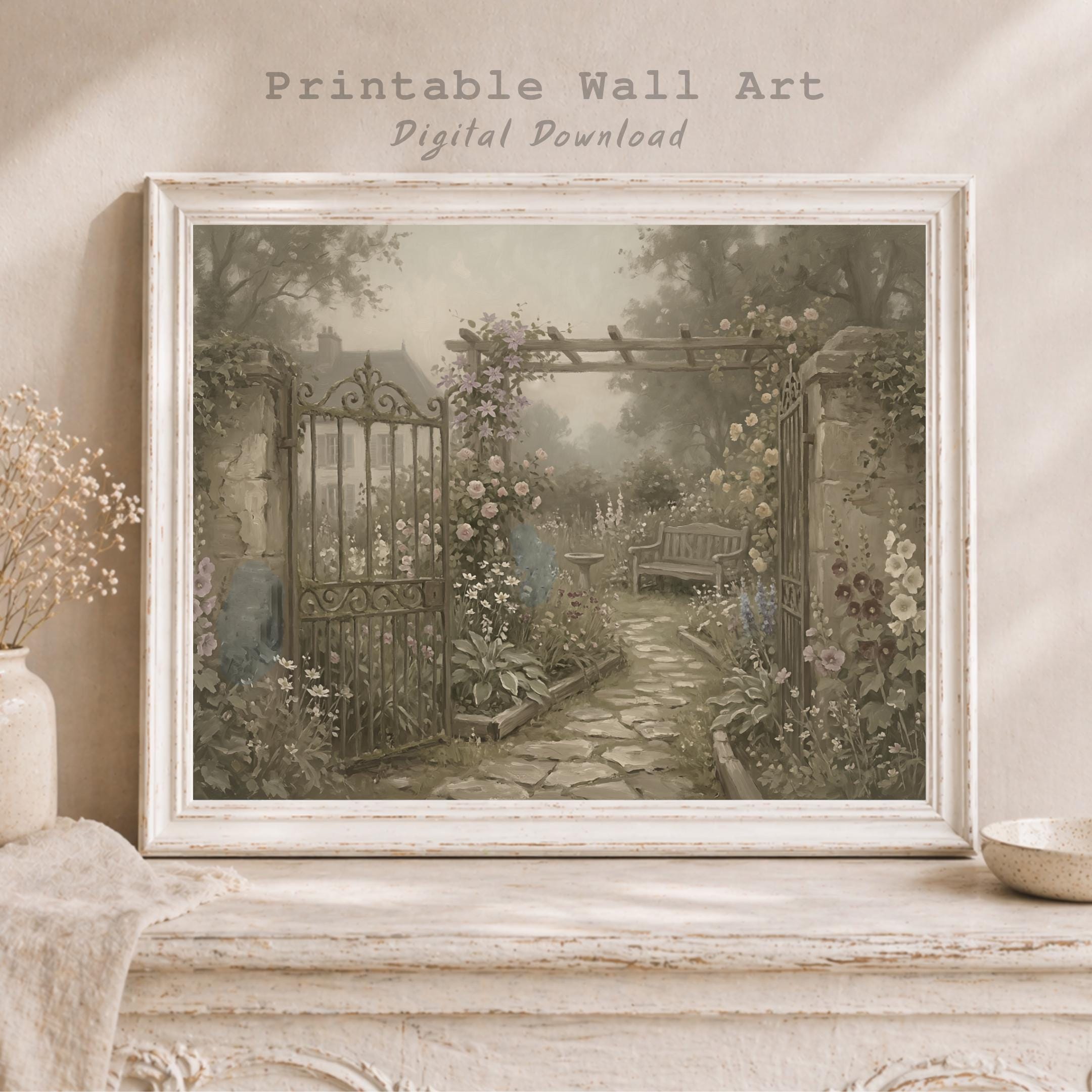 Secret Garden Wall Art, Vintage Cottage Garden Gate Print, Romantic Floral Landscape (Digital Download)