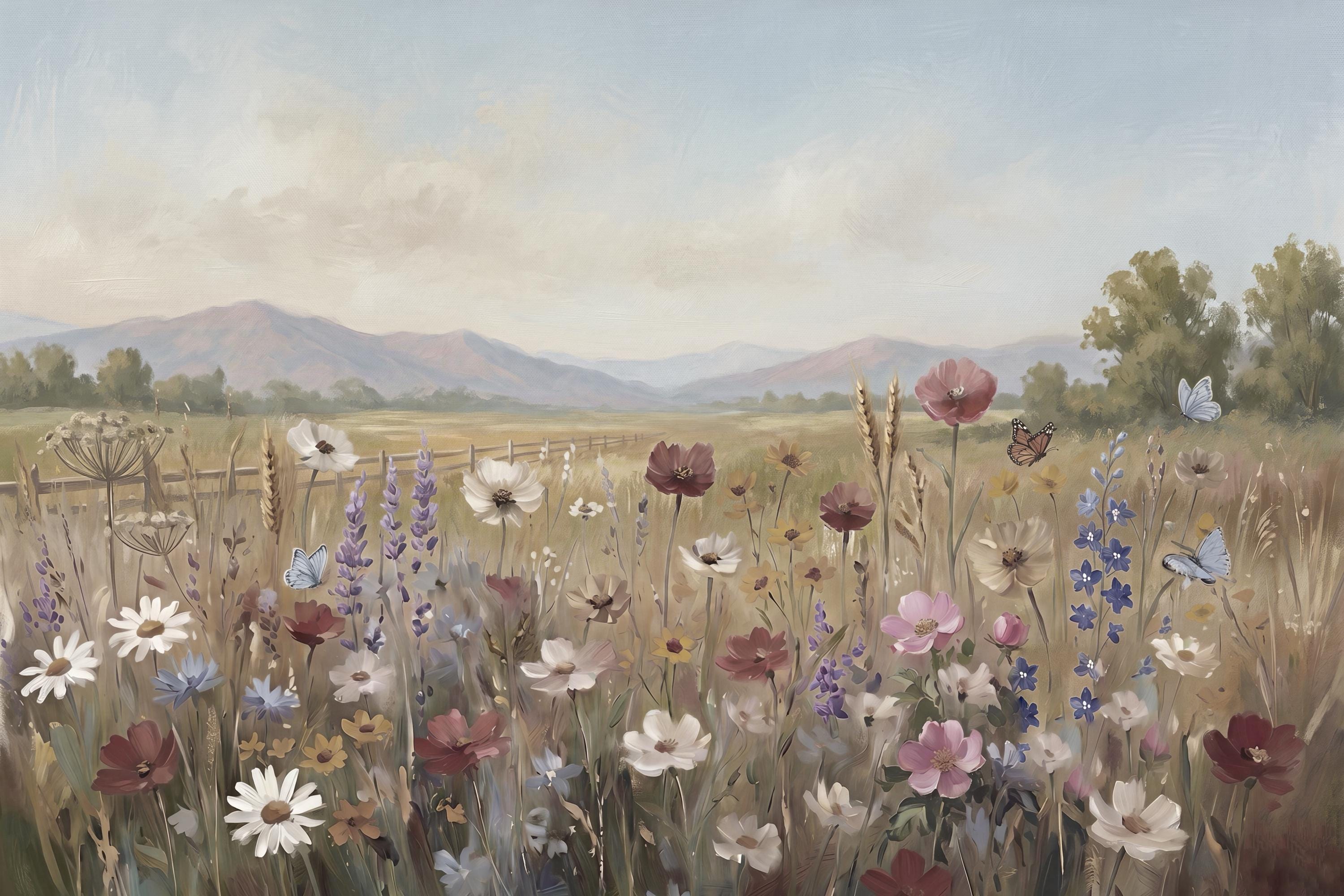 Floral Landscape Print, Cottage Meadow Wall Art, Summer Wildflower and Butterfly Print (Digital Download) — image 2