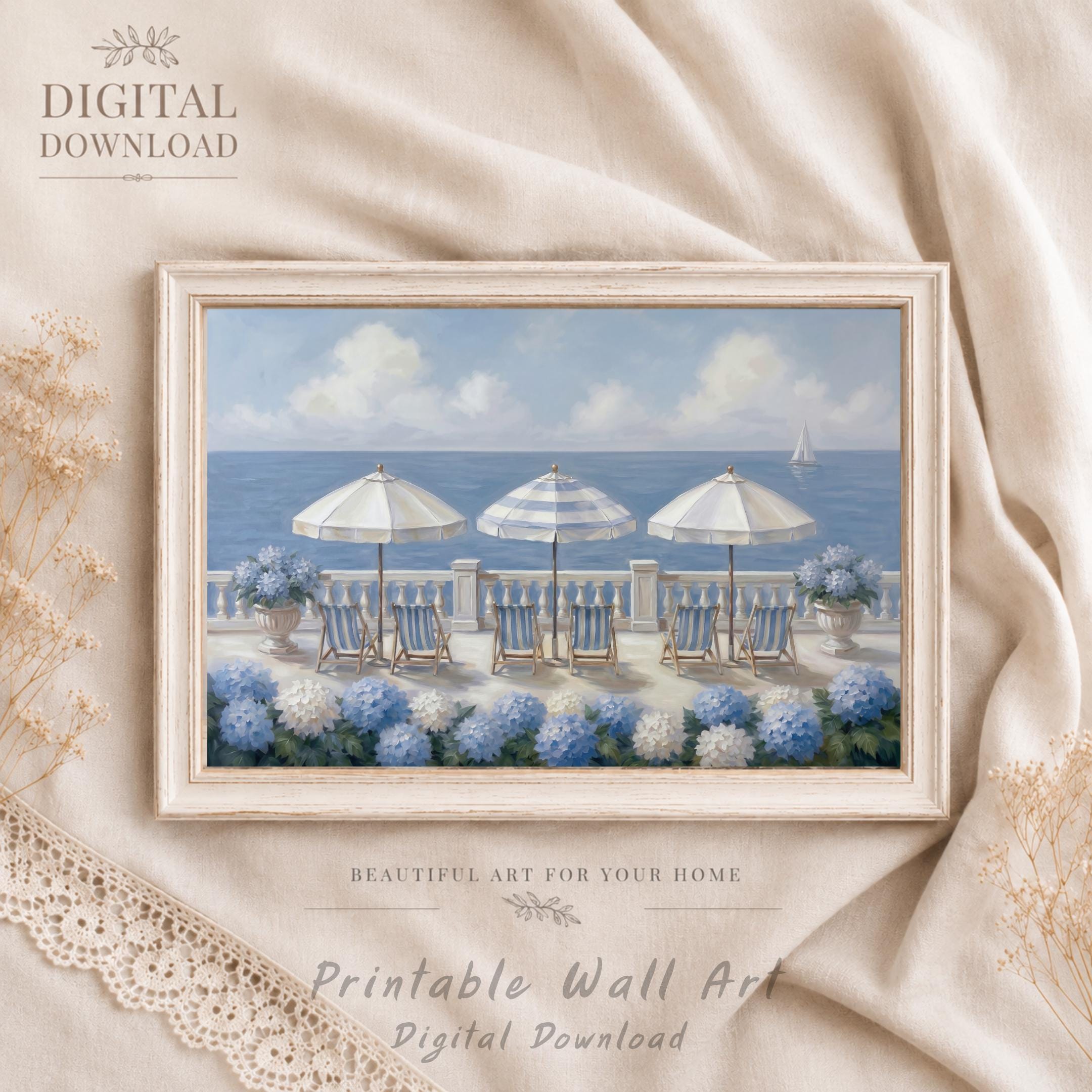 Summer Beach House Print, Coastal Hydrangea Wall Art, Blue White Seaside Decor (Digital Download) — image 7