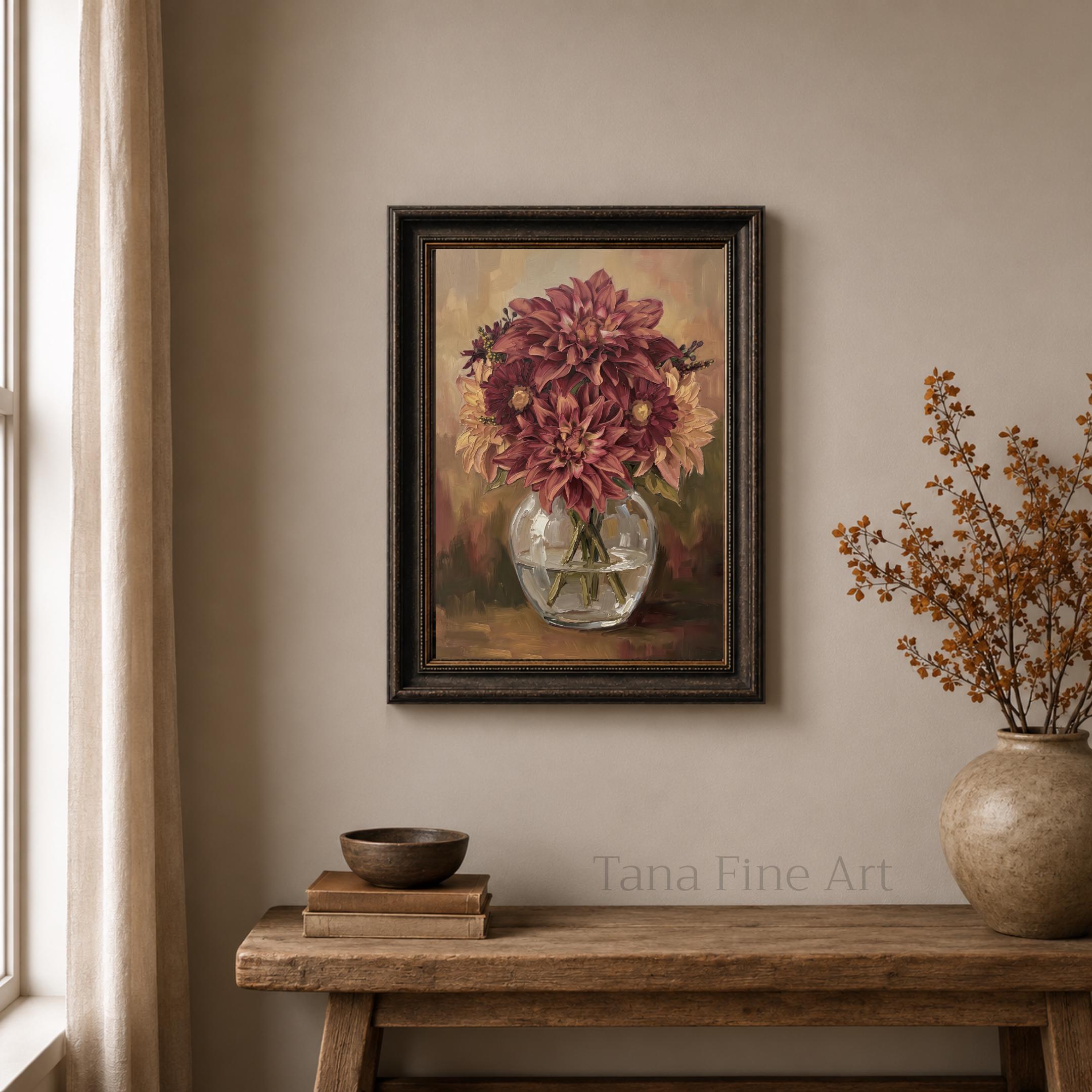 Burgundy Dahlia Vase Printable Wall Art, Moody Autumn Floral Rustic Home Decor Digital Download — image 3