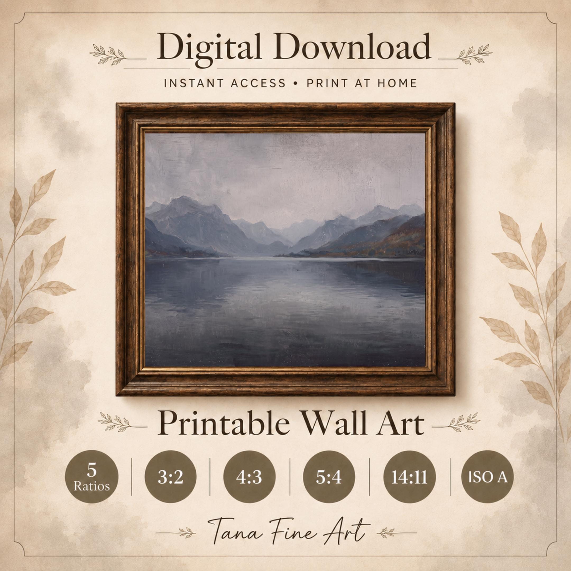 Misty Mountain Lake Wall Art, Vintage Alpine Landscape, Moody Blue Gray Decor, Digital Download — image 9