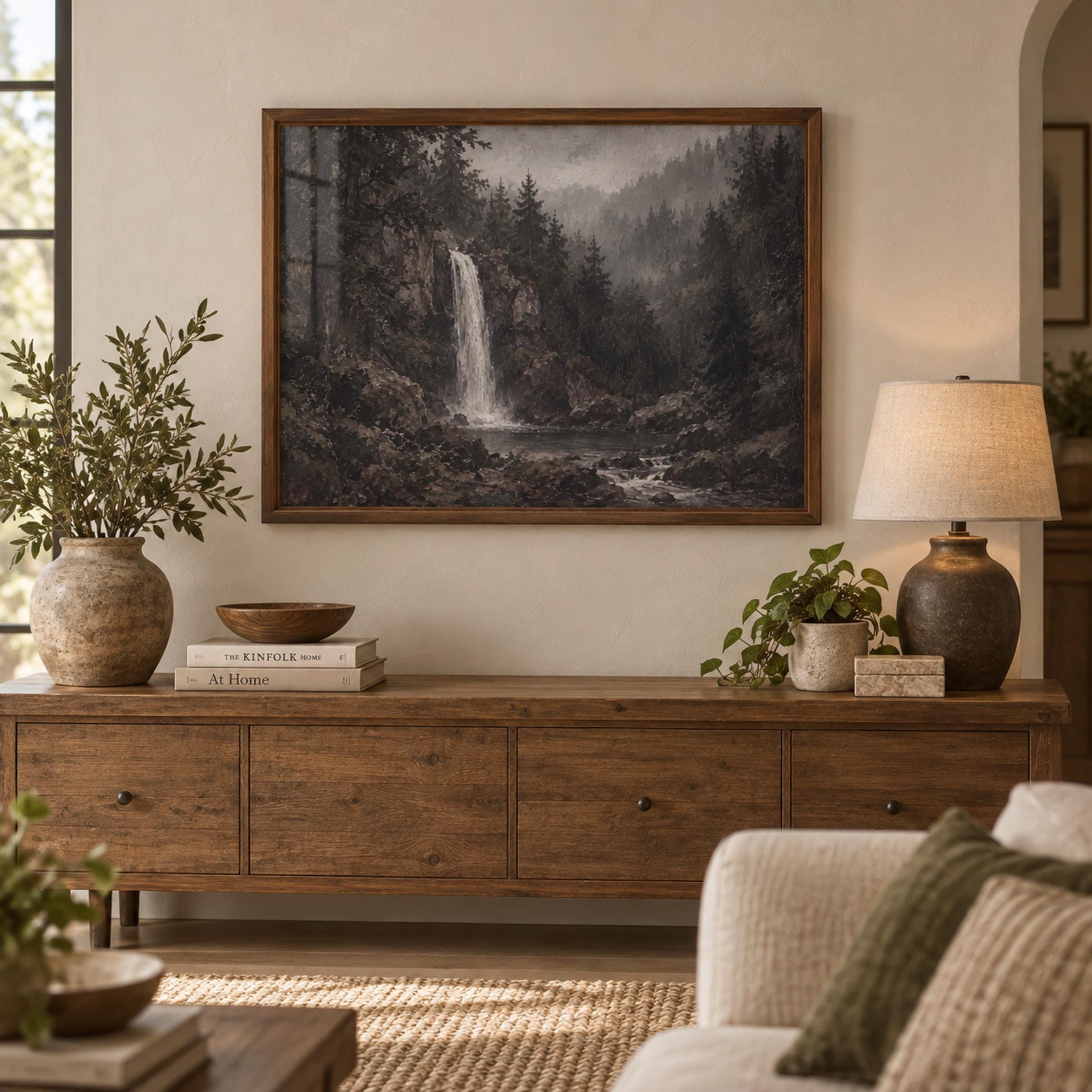 Moody Waterfall Printable Wall Art, Dark Forest Landscape, Rustic Cabin Decor Digital Download — image 4