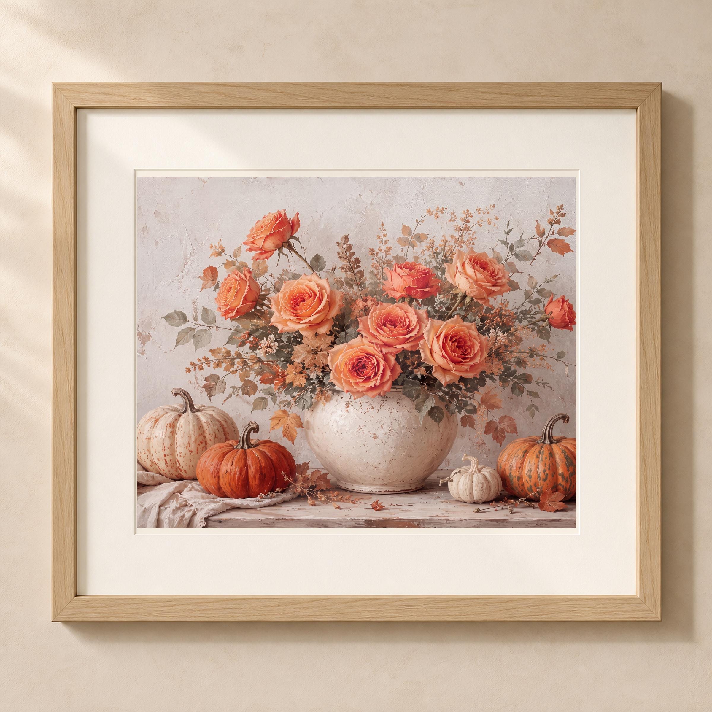 Autumn Rose Pumpkin Wall Art, Vintage Floral Still Life Printable Digital Download — image 5