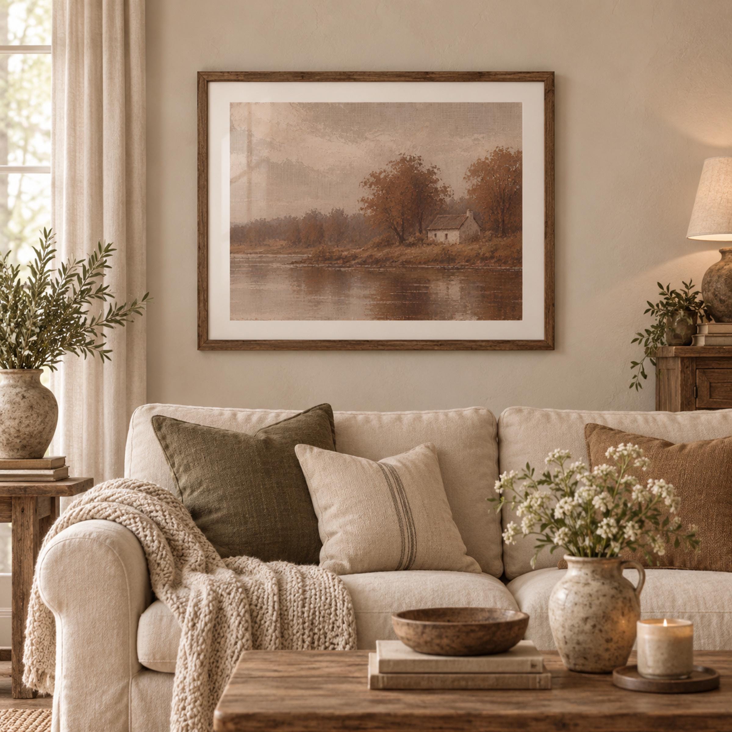 Autumn Cottage Lake Printable Wall Art, Moody Brown Landscape, Rustic Decor Digital Download — image 4