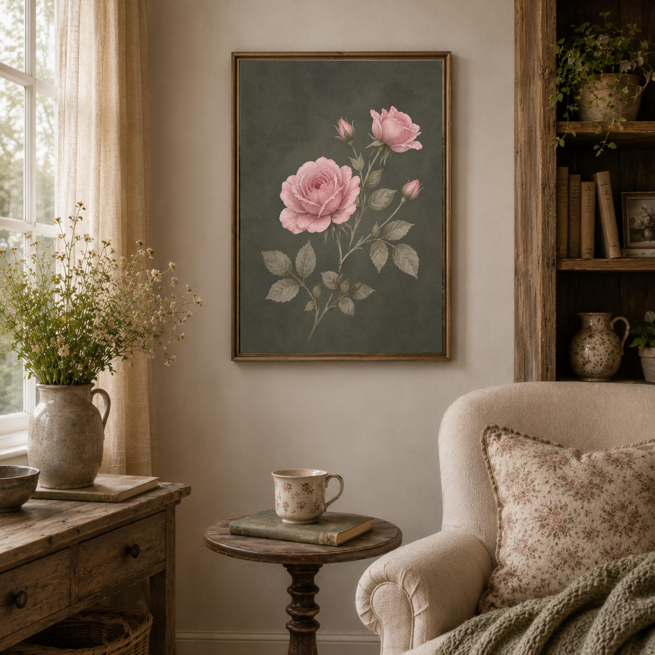 Moody June Birth Flower Print | Pink Rose Wall Art | Vintage Botanical Digital Download — image 7