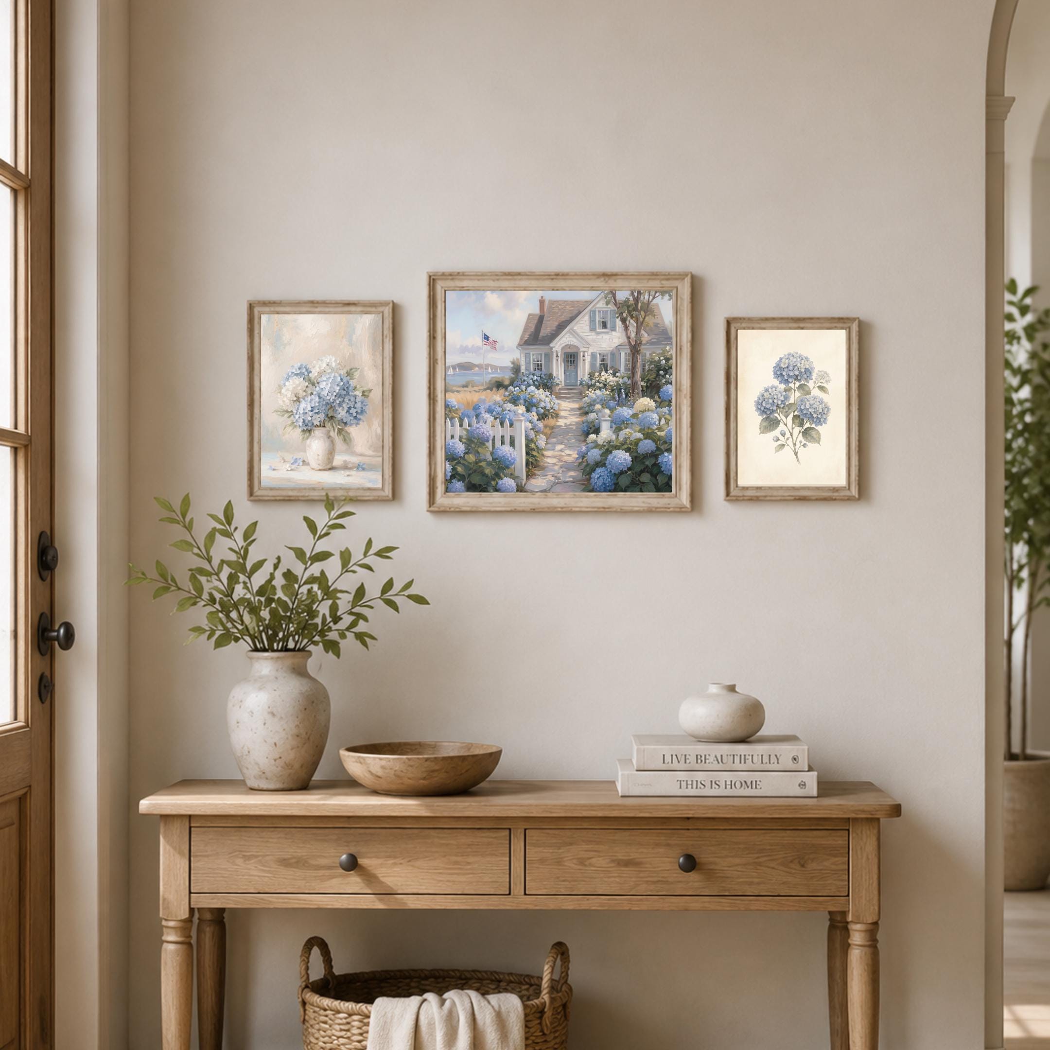 Gallery Wall Set of 3 Blue Hydrangea Art Prints, Coastal Cottage Decor (Digital Download) — image 2