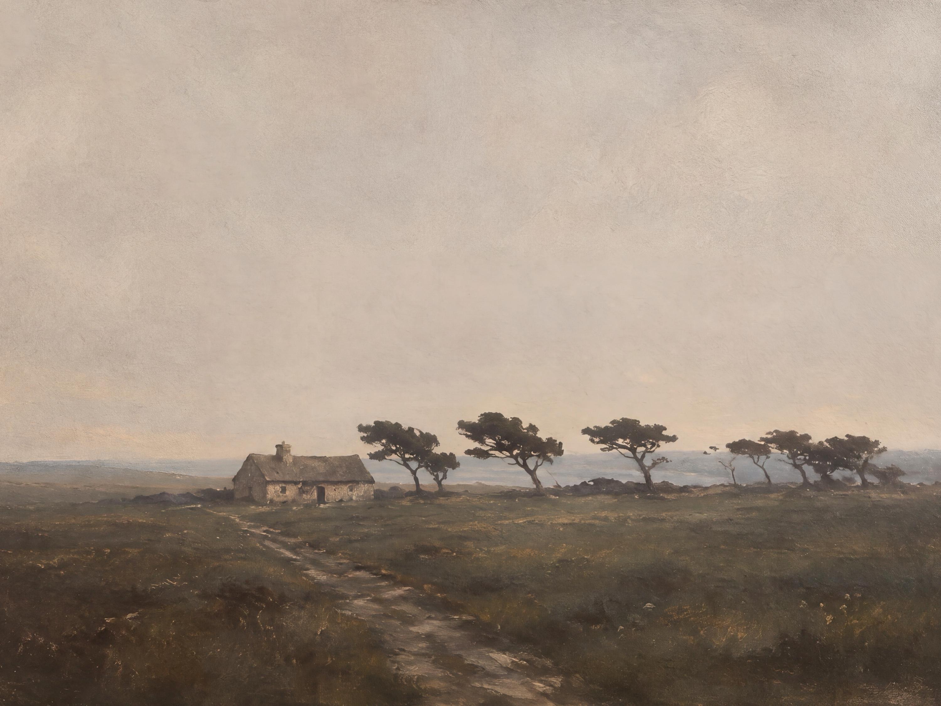 Vintage Stone Cottage Printable Wall Art, Windswept Trees Landscape, Neutral Rustic Countryside Digital Download — image 2