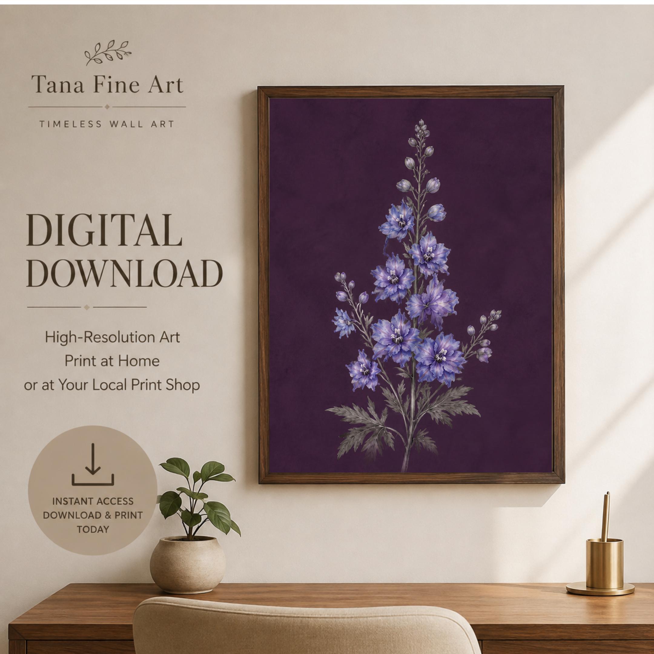 Dark July Birth Flower Print | Larkspur Wall Art | Dark Botanical Digital Download — image 5