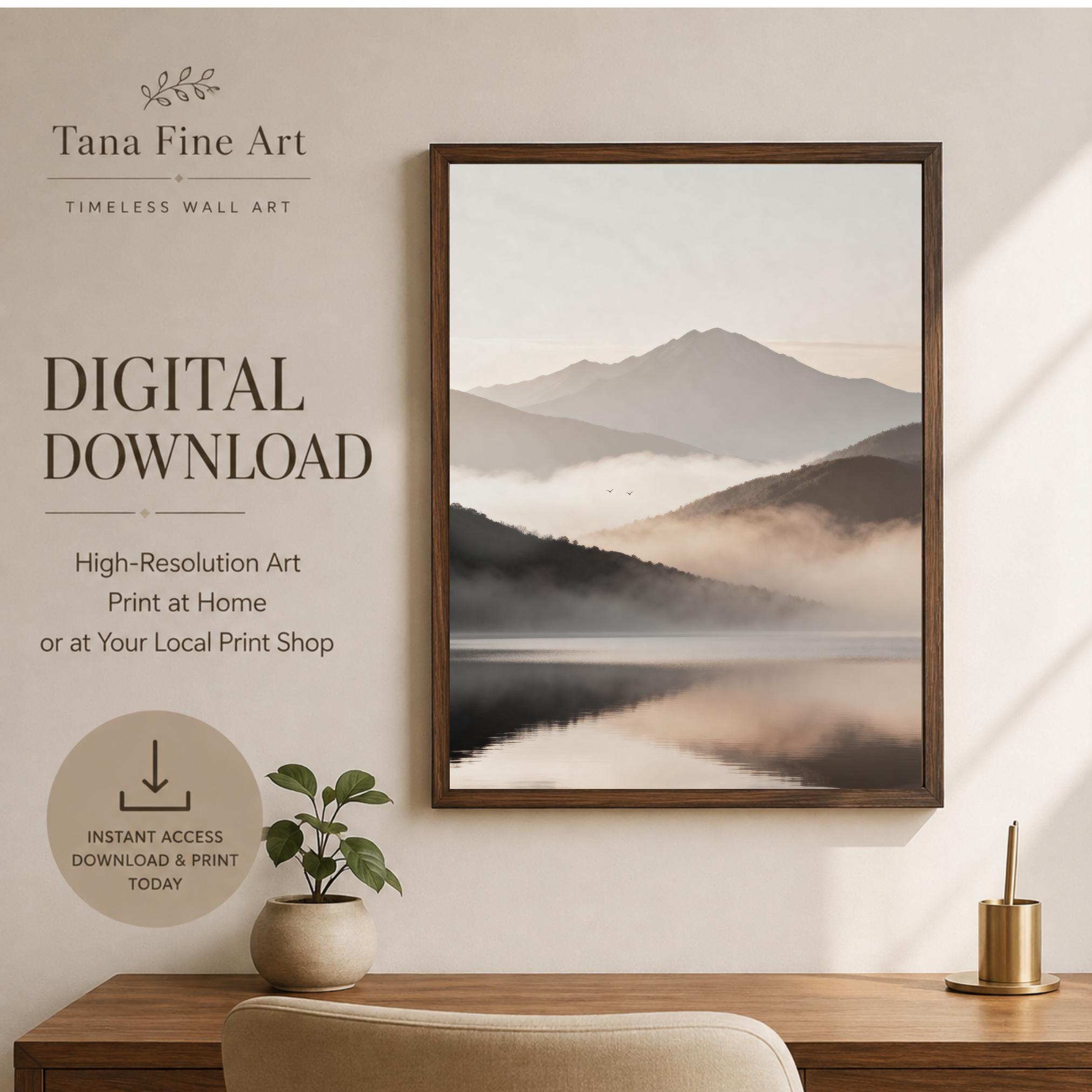 Misty Mountain Lake Printable Wall Art, Neutral Landscape Print, Serene Bedroom Decor Digital Download — image 5