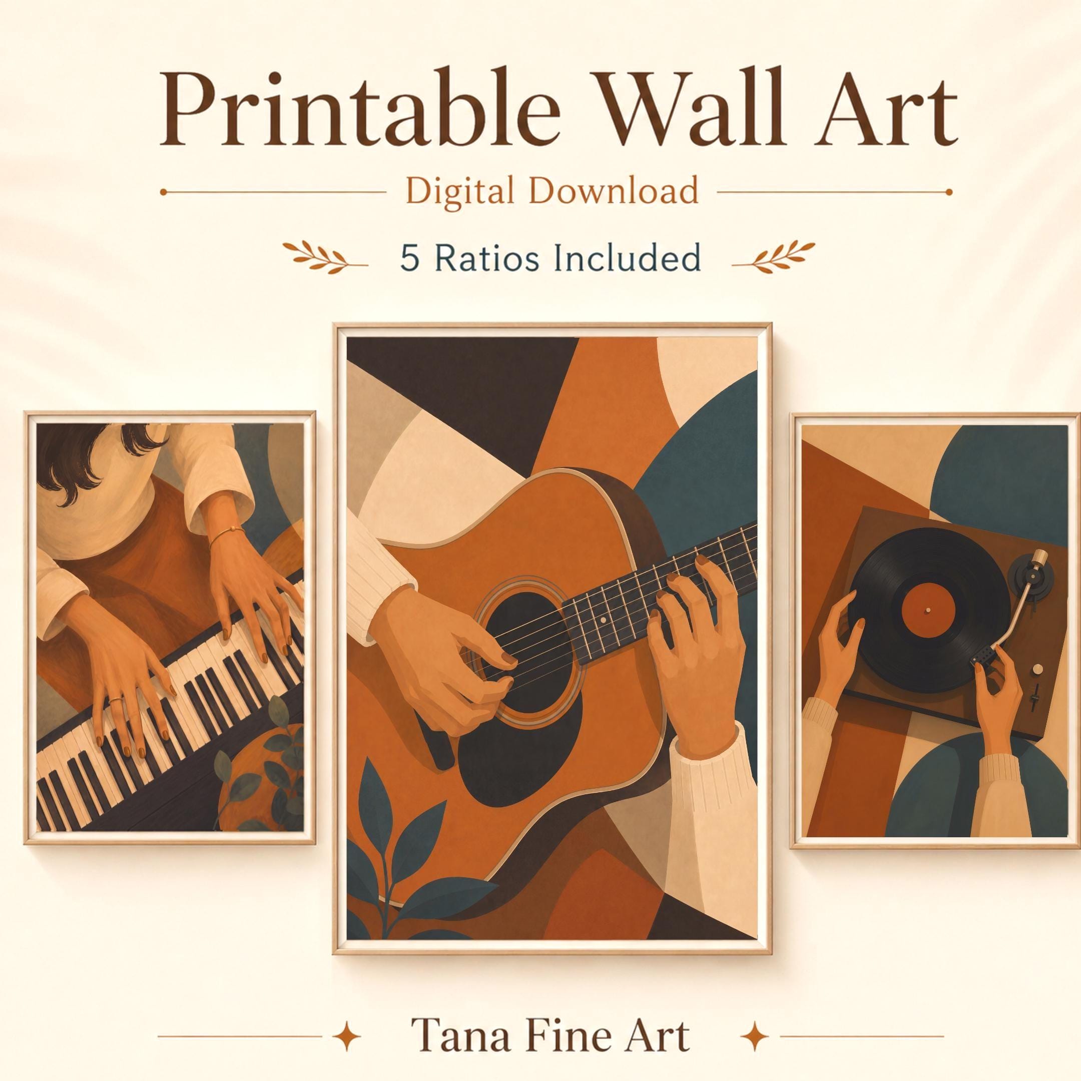 Music Wall Art Set of 3 Prints | Retro Piano Guitar Vinyl Record (Digital Download)