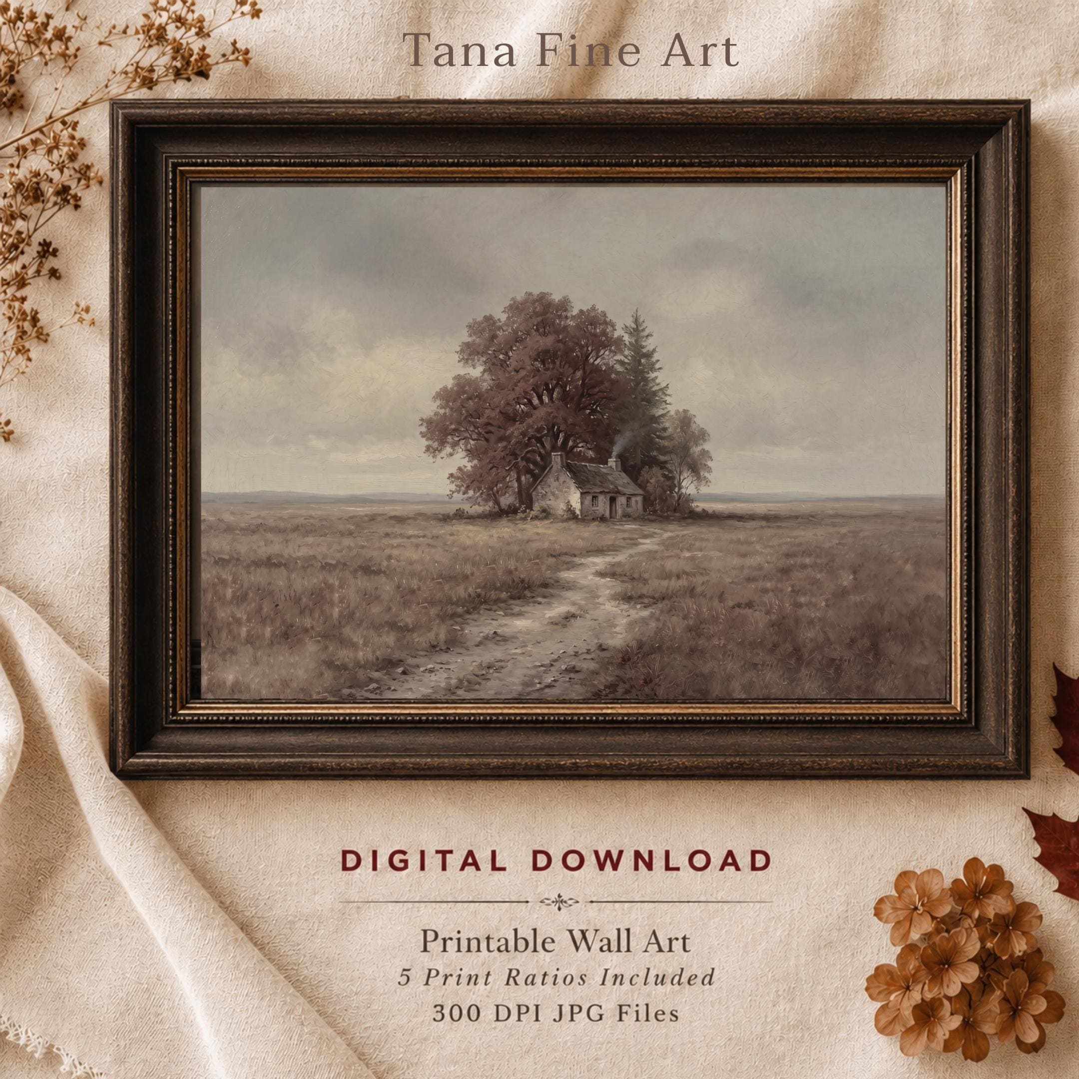 Moody Autumn Cottage Wall Art, Rustic Farmhouse Landscape Print (Fall Digital Download)