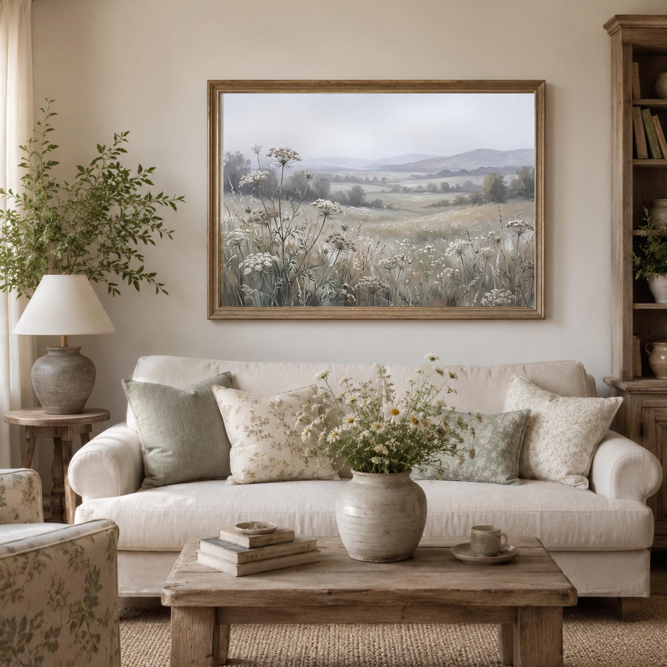Floral Landscape Print, Neutral Wildflower Meadow Wall Art, Soft Cottage Nature Decor (Digital Download) — image 8