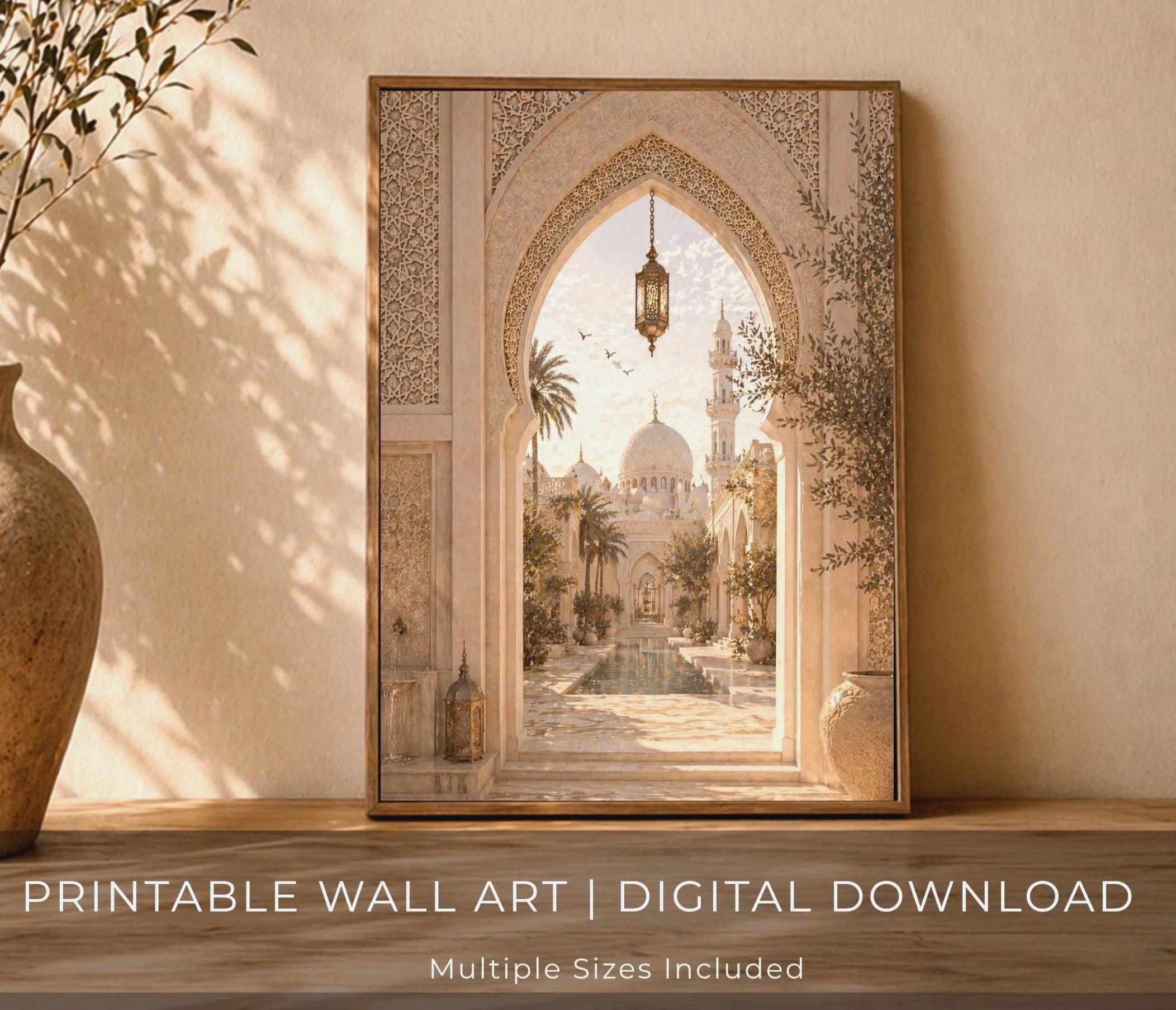 Islamic Arch Wall Art | Mosque Courtyard Printable | Neutral Muslim Home Decor (Digital Download)