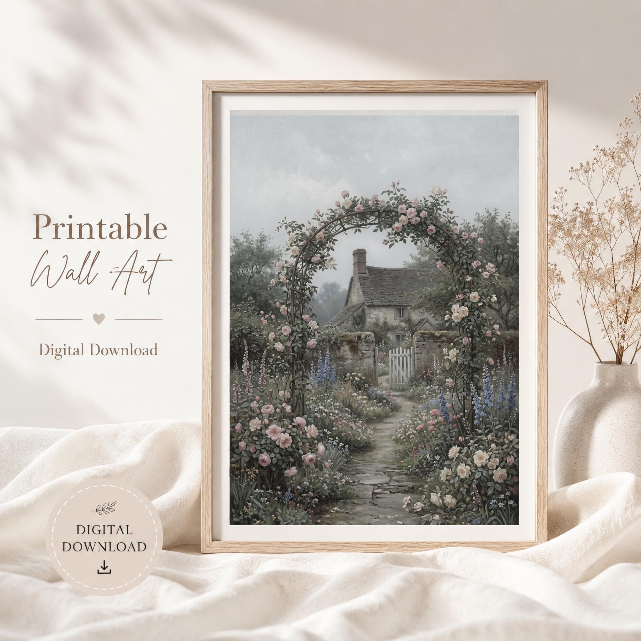 Secret Garden Cottage Printable Wall Art, Romantic Rose Arch Floral Cottagecore Decor Digital Download — image 2