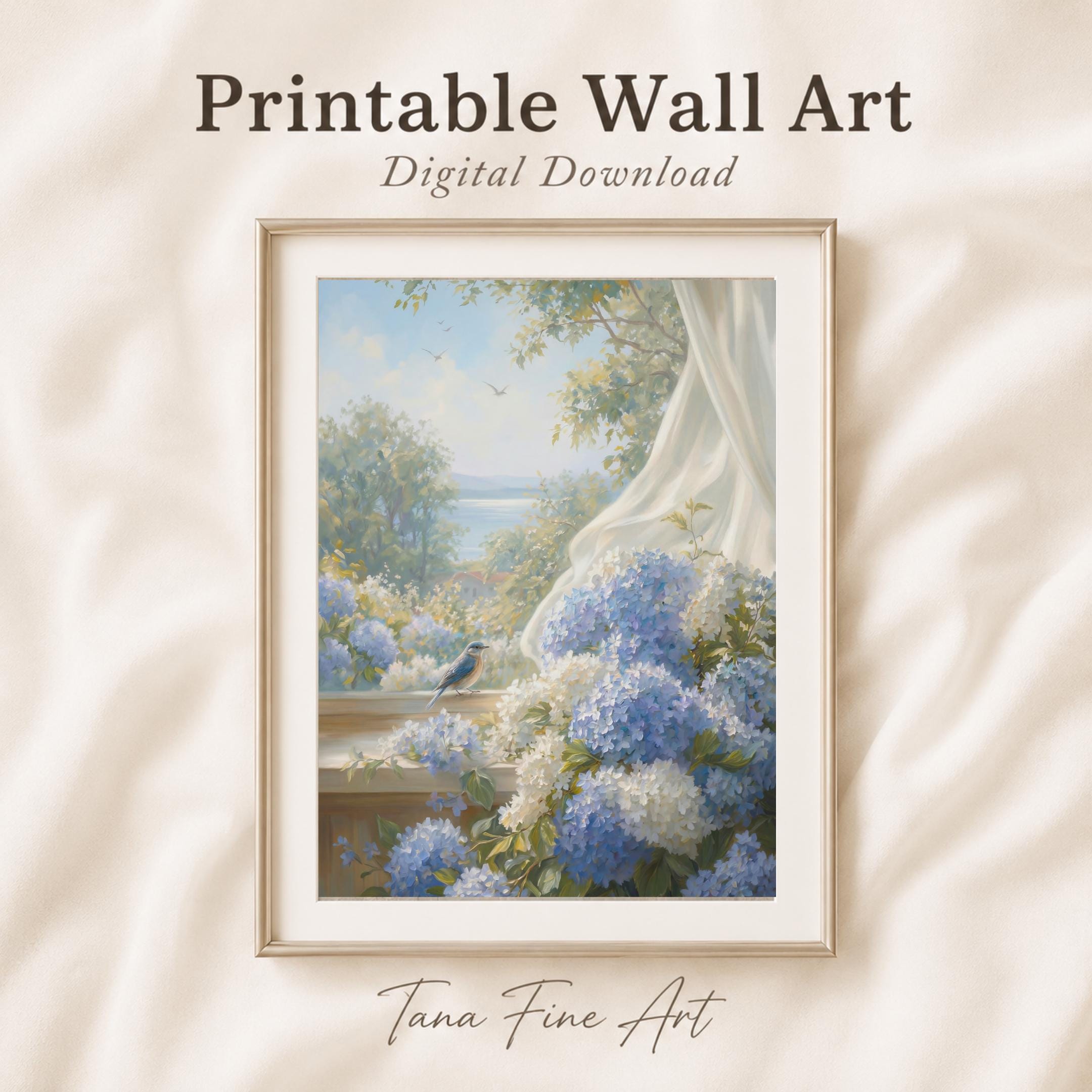 Blue Hydrangea Garden Wall Art | Summer Coastal Cottage Floral Print with Bird (Digital Download)