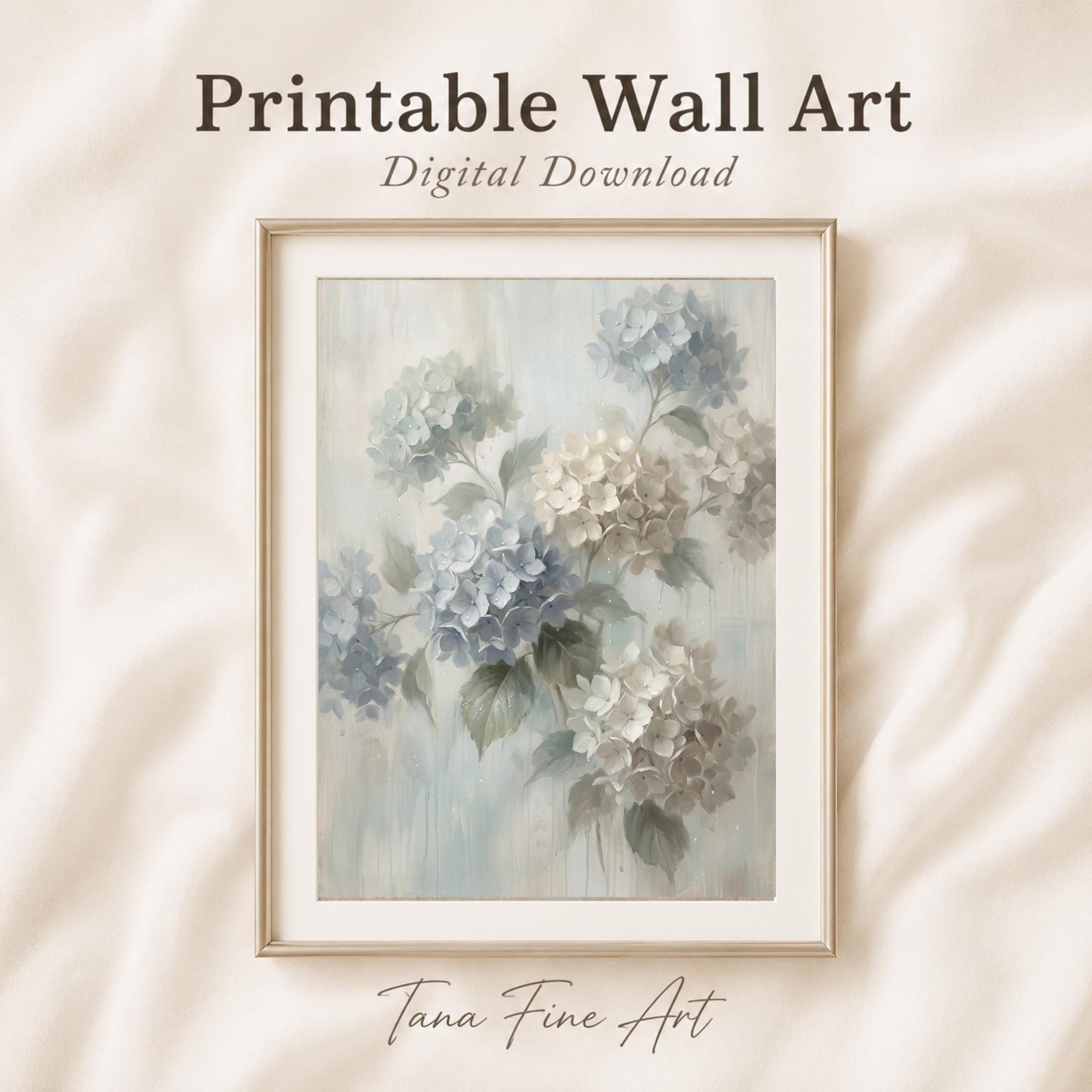 Blue Hydrangea Wall Art Printable | Neutral Floral Soft Botanical Decor (Digital Download)