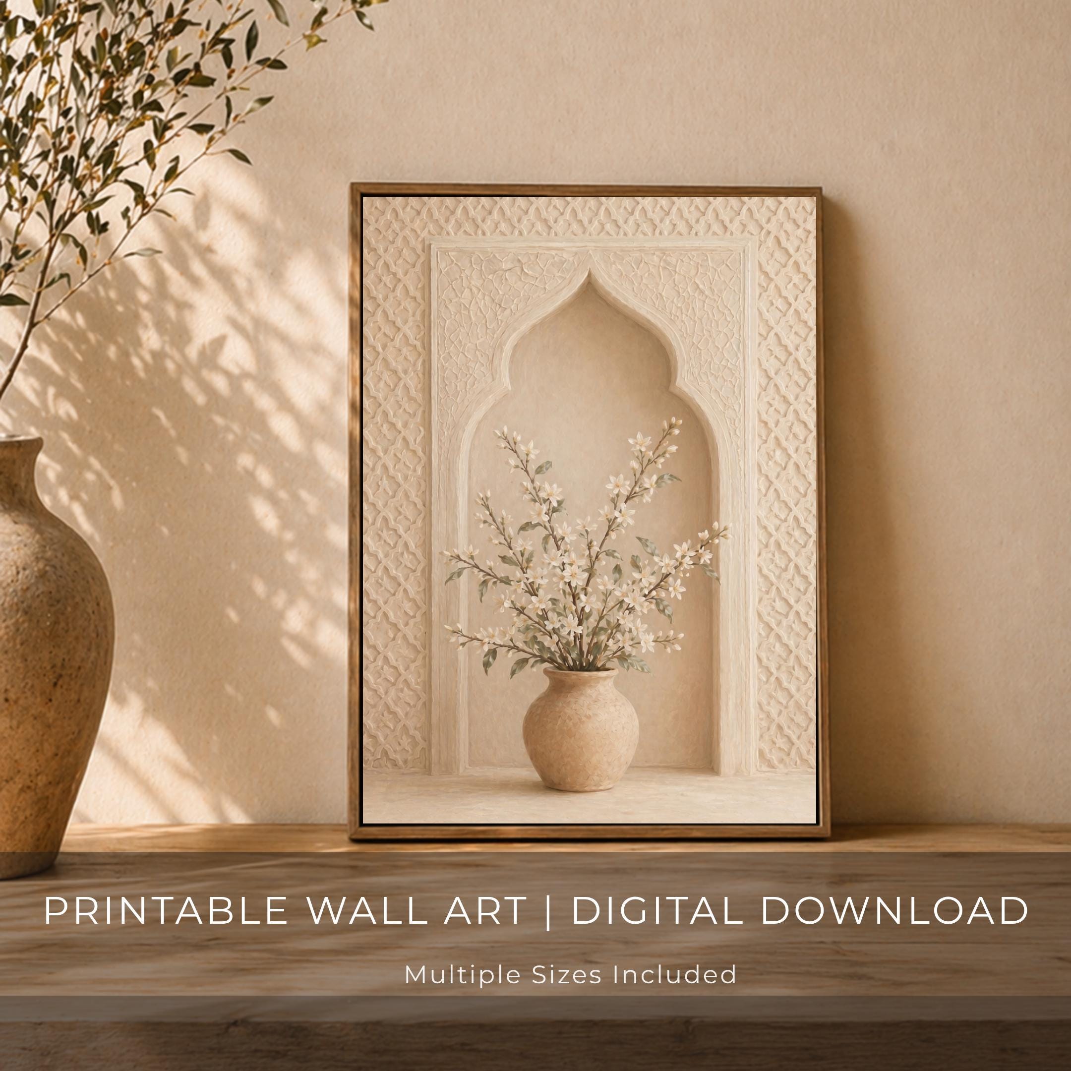 Islamic Arch Floral Printable Wall Art, Neutral Blossom Vase For Entryway Decor (Digital Download)