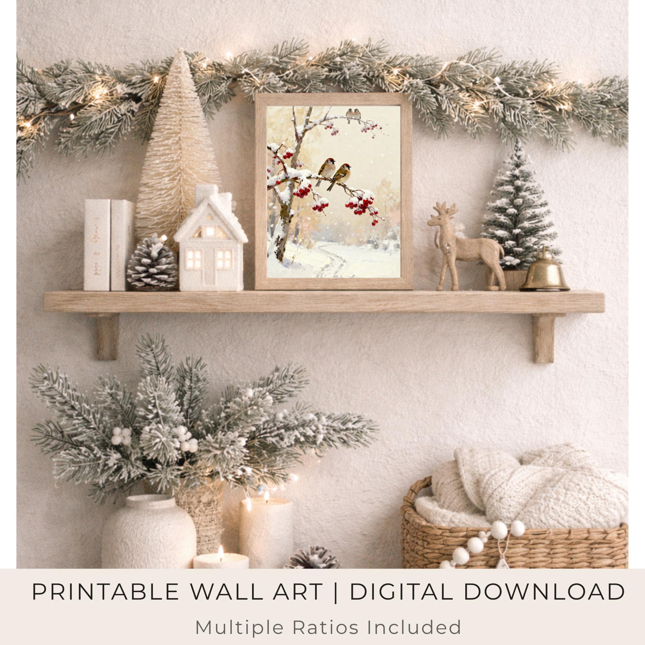 Winter Bird Wall Art | Snowy Red Berry Print | Christmas Printable Digital Download — image 5