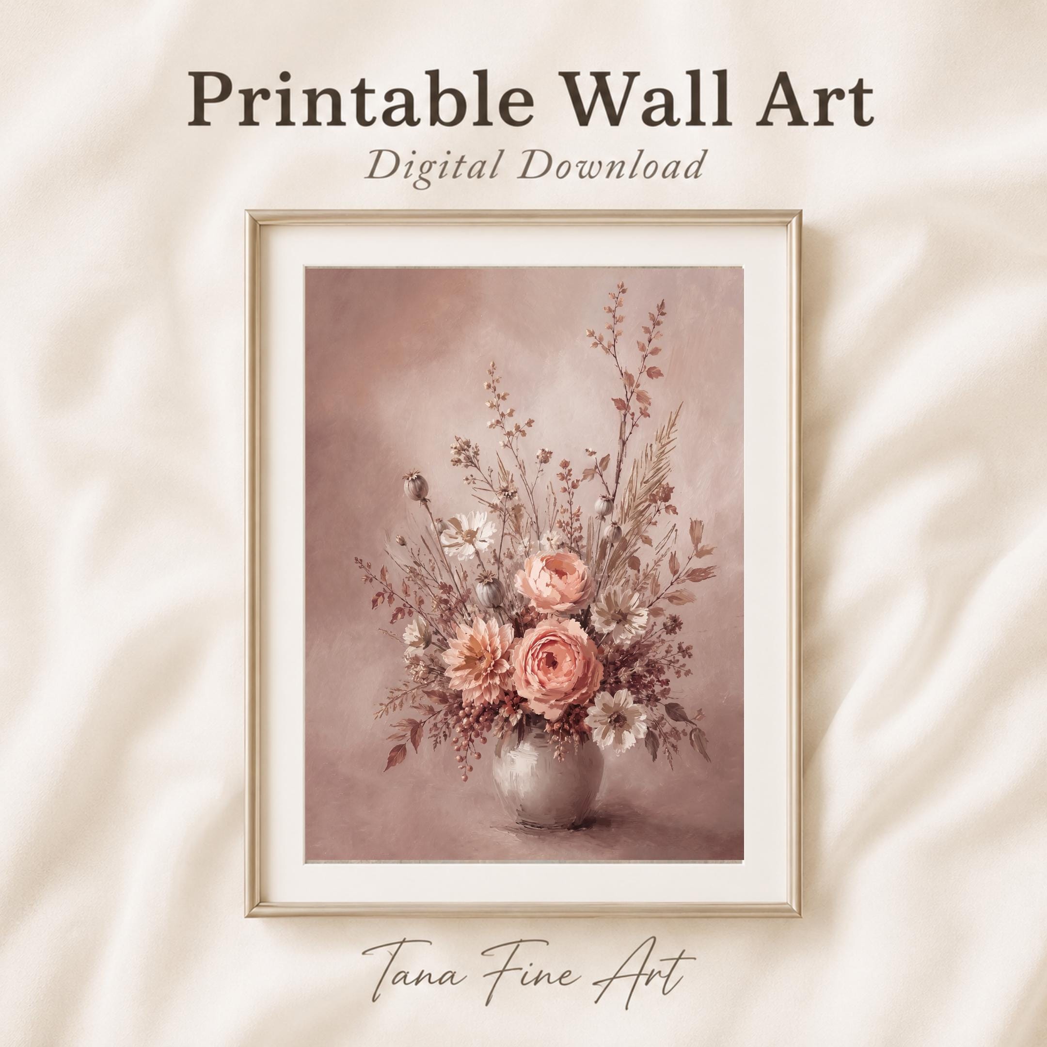 Neutral Floral Vase Print, Blush Roses Cosmos Autumn Wall Decor (Digital Download) — image 7