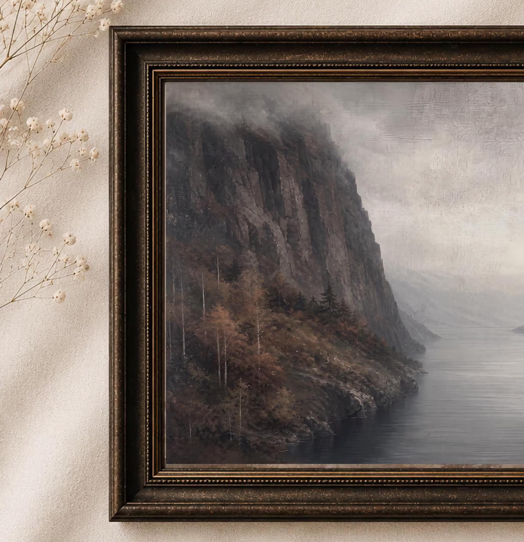 Moody Mountain Lake Printable Wall Art, Autumn Landscape Painting, Rustic Decor Digital Download — image 2