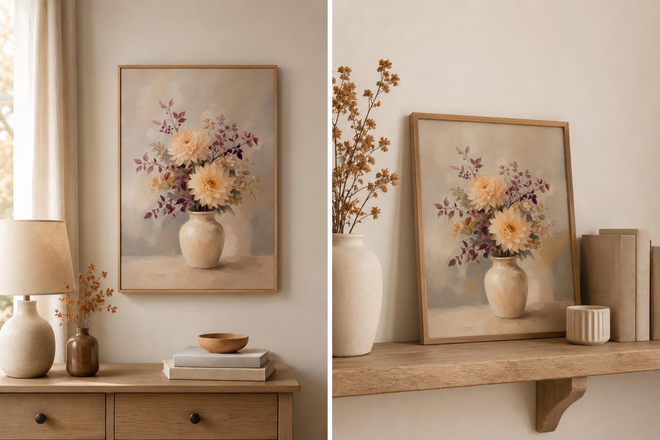 Autumn Dahlia Wall Art, Cream Floral, Neutral Fall Flower Painting, Vintage Farmhouse (Digital Download) — image 6