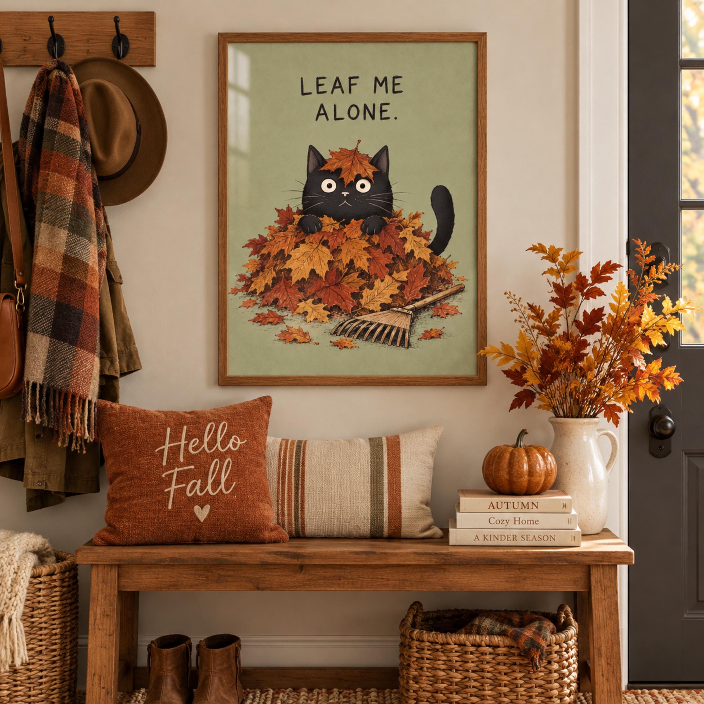 Funny Black Cat Leaves Printable Wall Art, Fall Autumn Quote Kitchen Decor Digital Download — image 4
