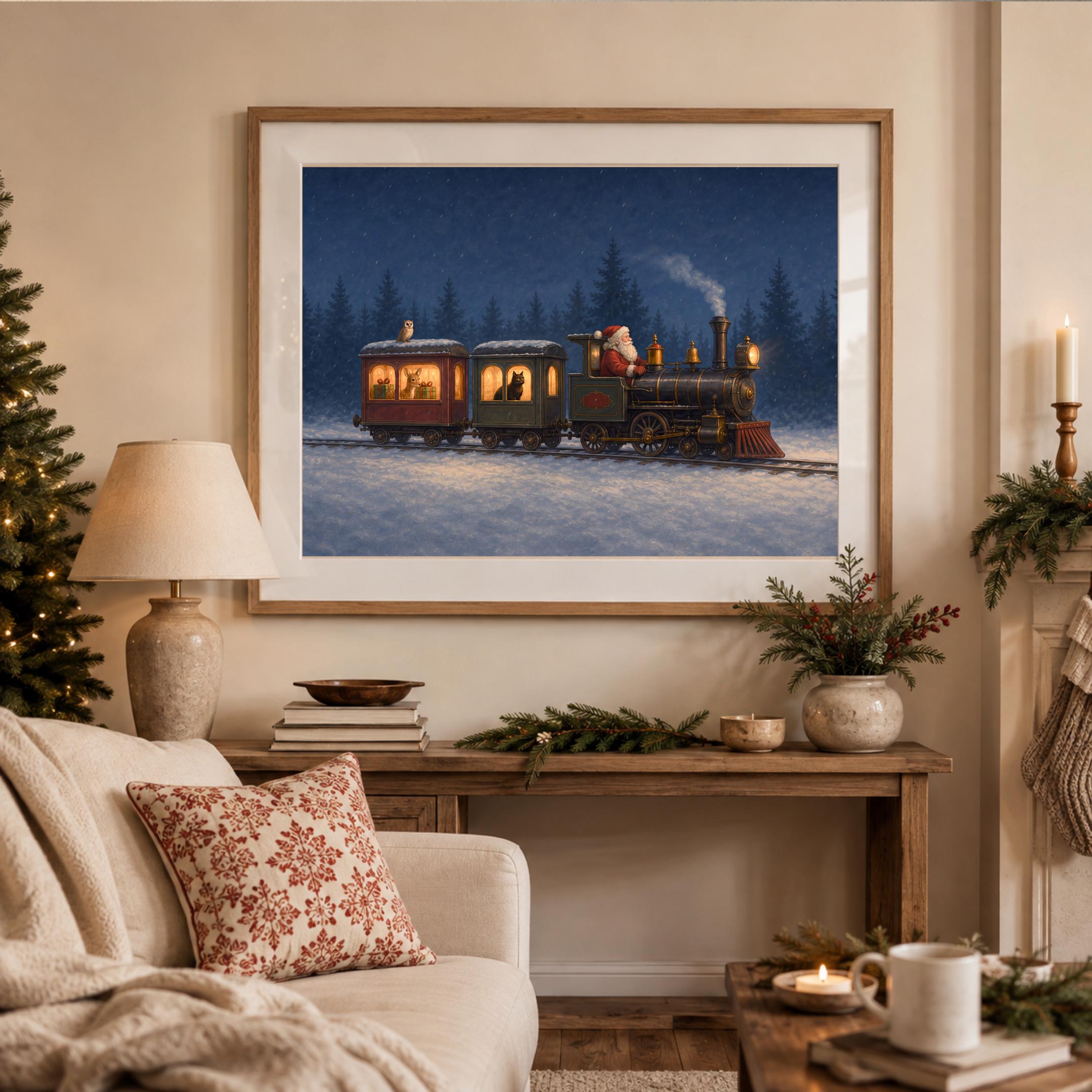 Vintage Santa Christmas Train Printable Wall Art, Snowy Woodland Digital Download — image 5