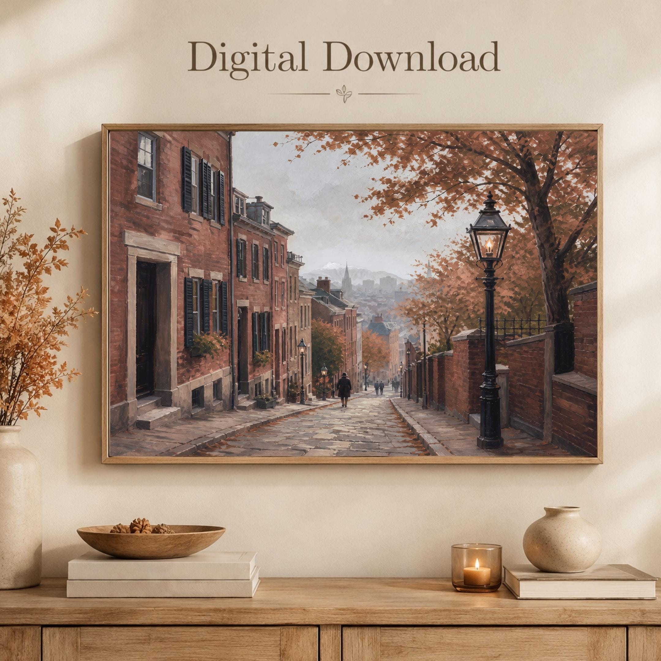 Vintage Autumn City Wall Art, Cobblestone Street, Cozy Fall Urban Home Decor, Digital Download — image 4