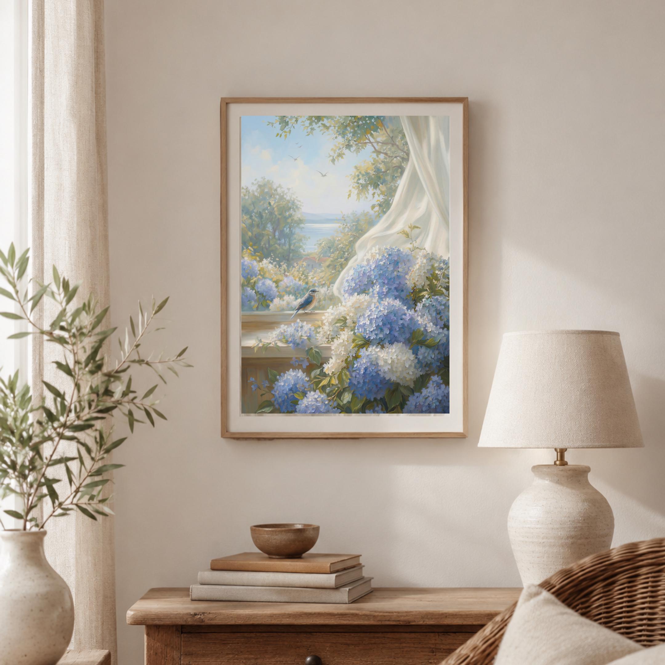 Blue Hydrangea Garden Wall Art | Summer Coastal Cottage Floral Print with Bird (Digital Download) — image 4