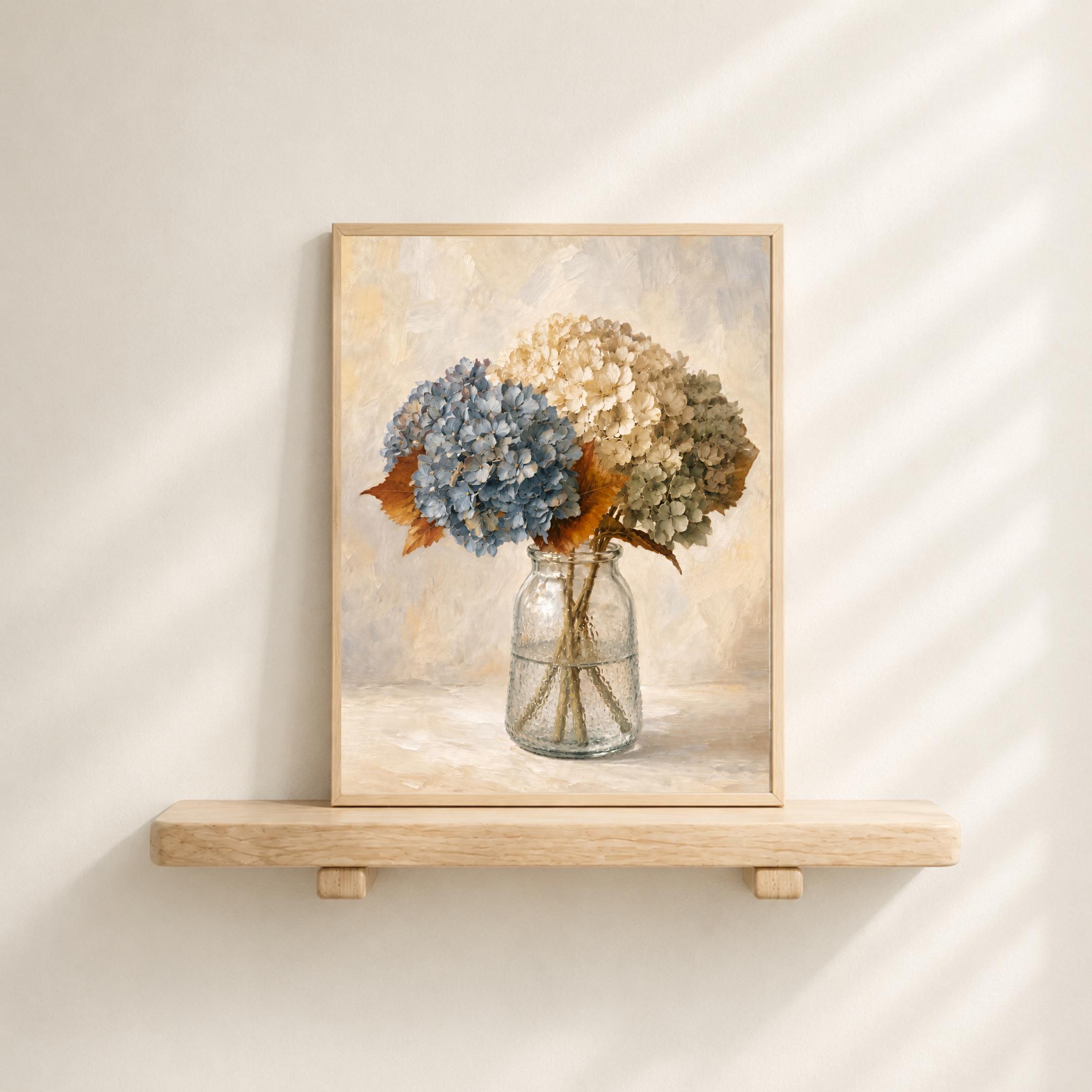 Blue and Cream Floral Glass Vase, Fall Hydrangea Art, Cozy Autumn Decor (Digital Download) — image 4