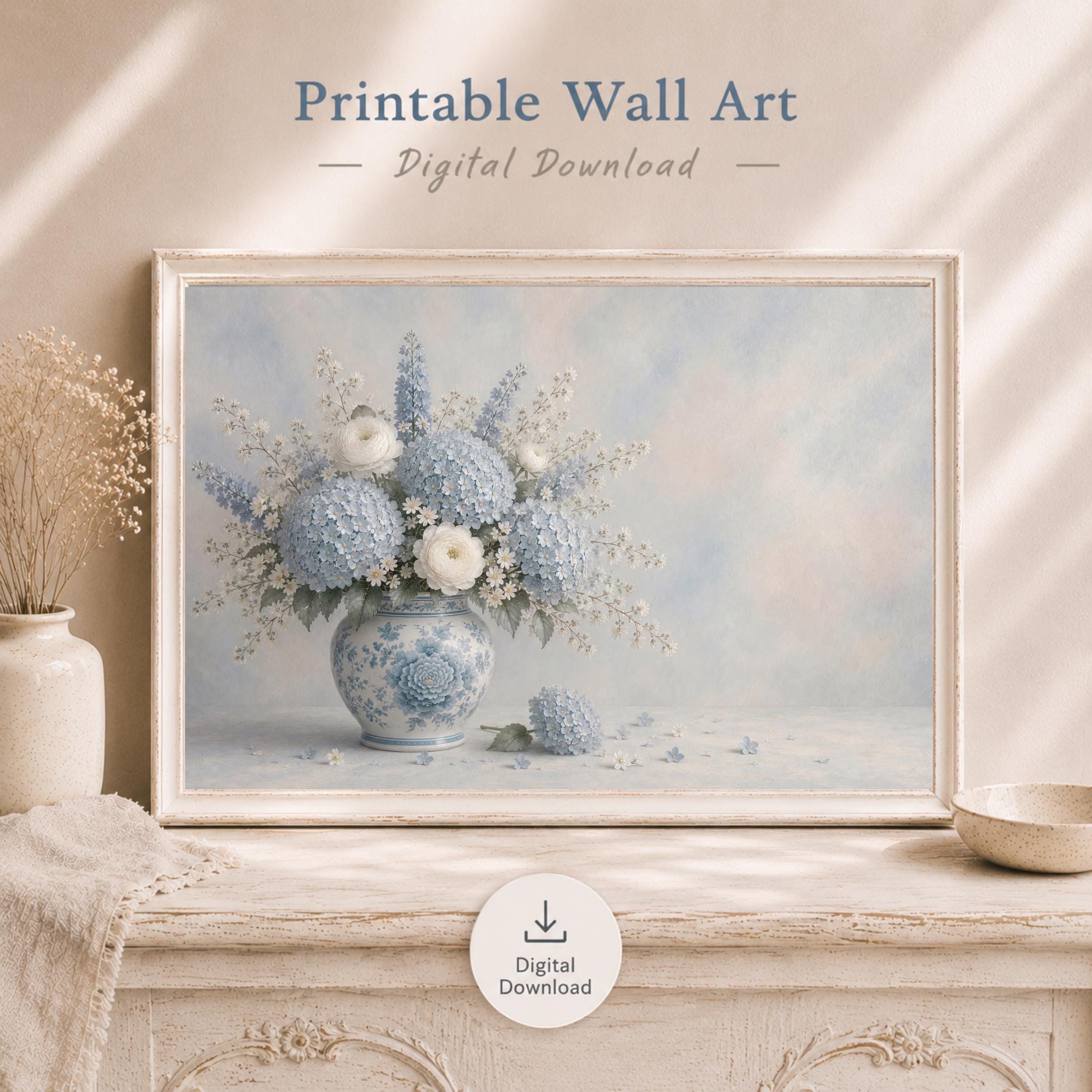 Blue Hydrangeas & Chinoiserie Vases — Set of 3 — image 8