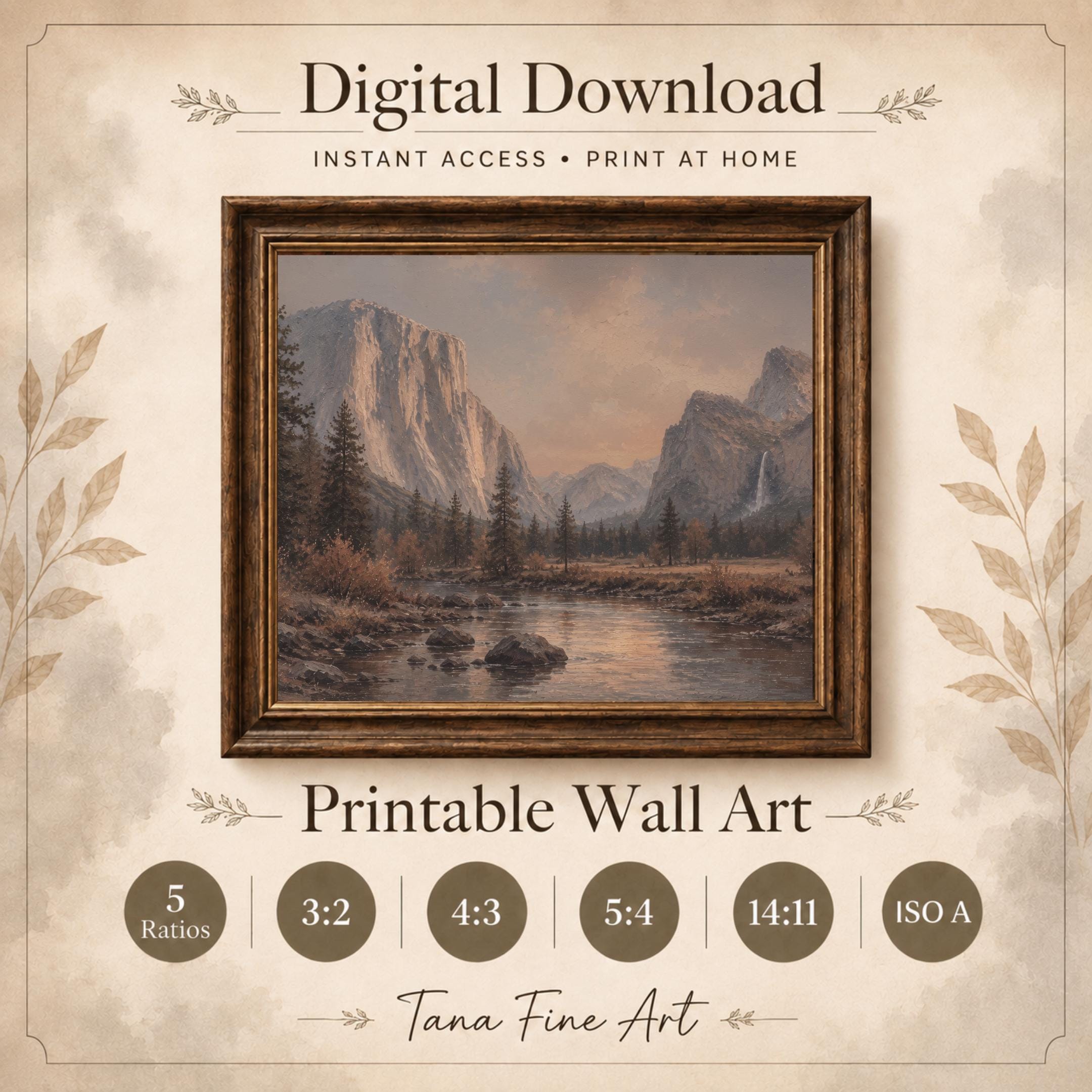 Mountain Landscape Wall Art | Vintage Yosemite Inspired | Moody River Valley Printable Digital Download — image 8