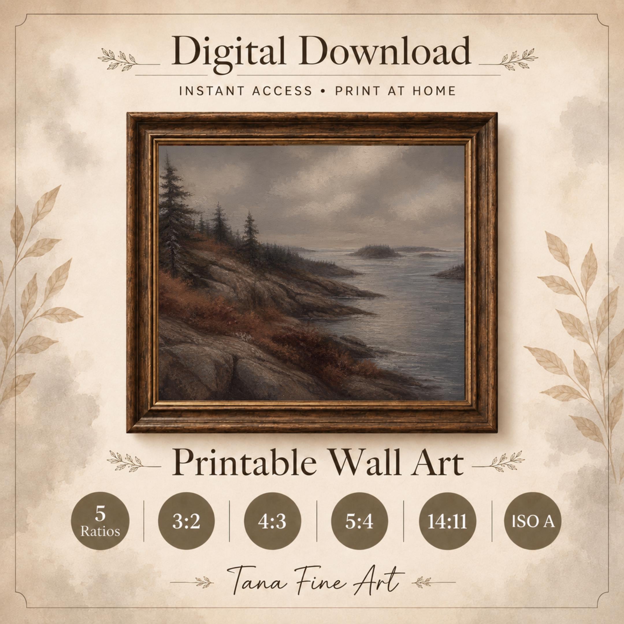 Vintage Coastal Wall Art | Moody Seascape Landscape Print | Rocky Shore Printable Digital Download