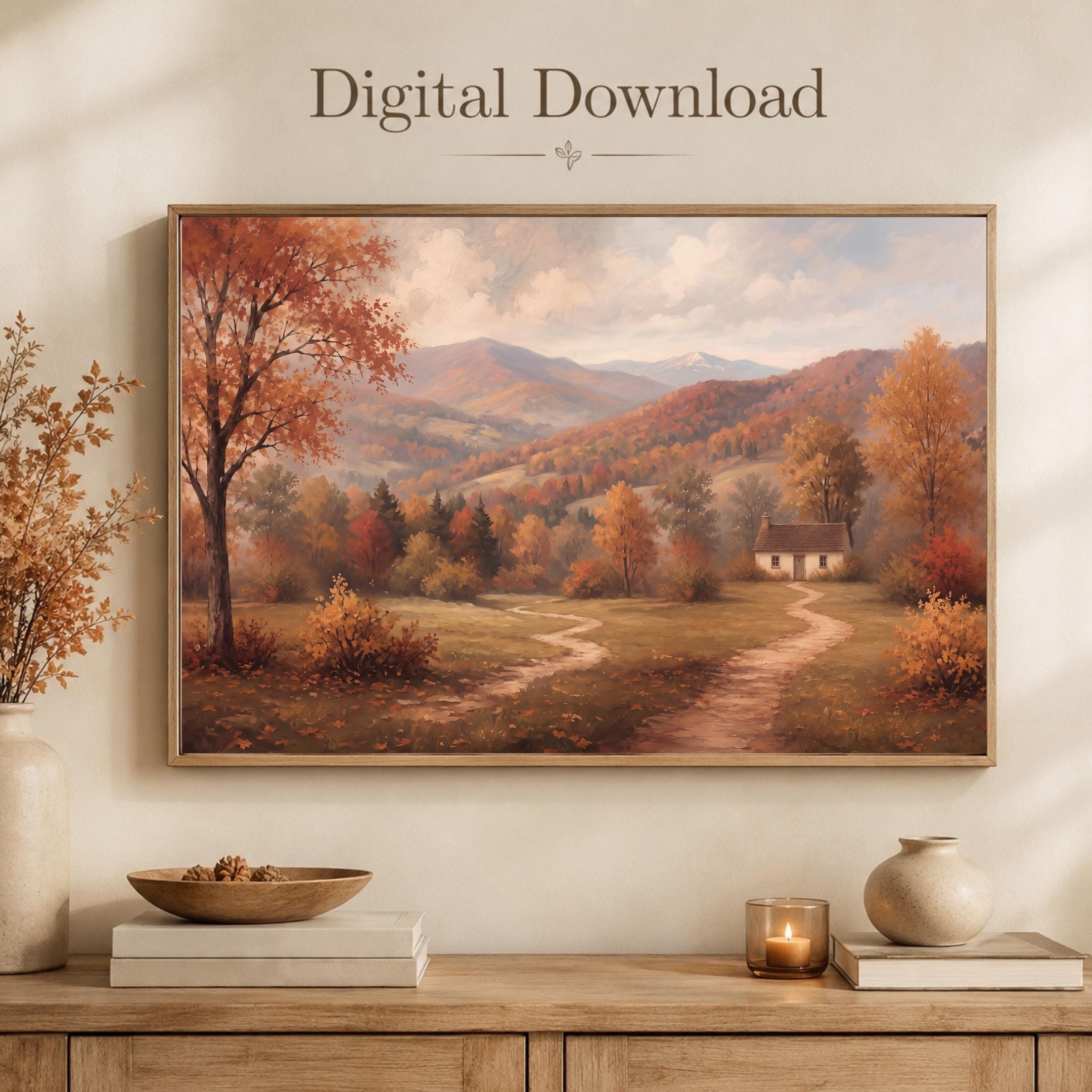 Autumn Cottage Landscape Wall Art | Fall Mountain Print | Vintage Farmhouse Digital Download — image 6