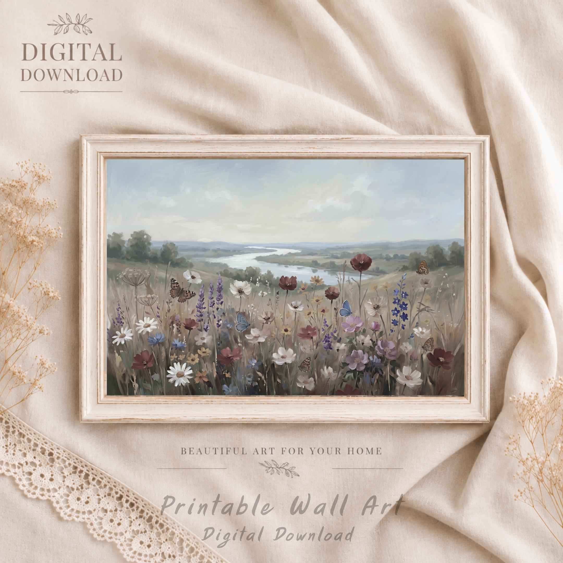 Meadow Floral Landscape Print, Summer Wildflower Butterfly Print, Cottage Countryside Decor (Digital Download)