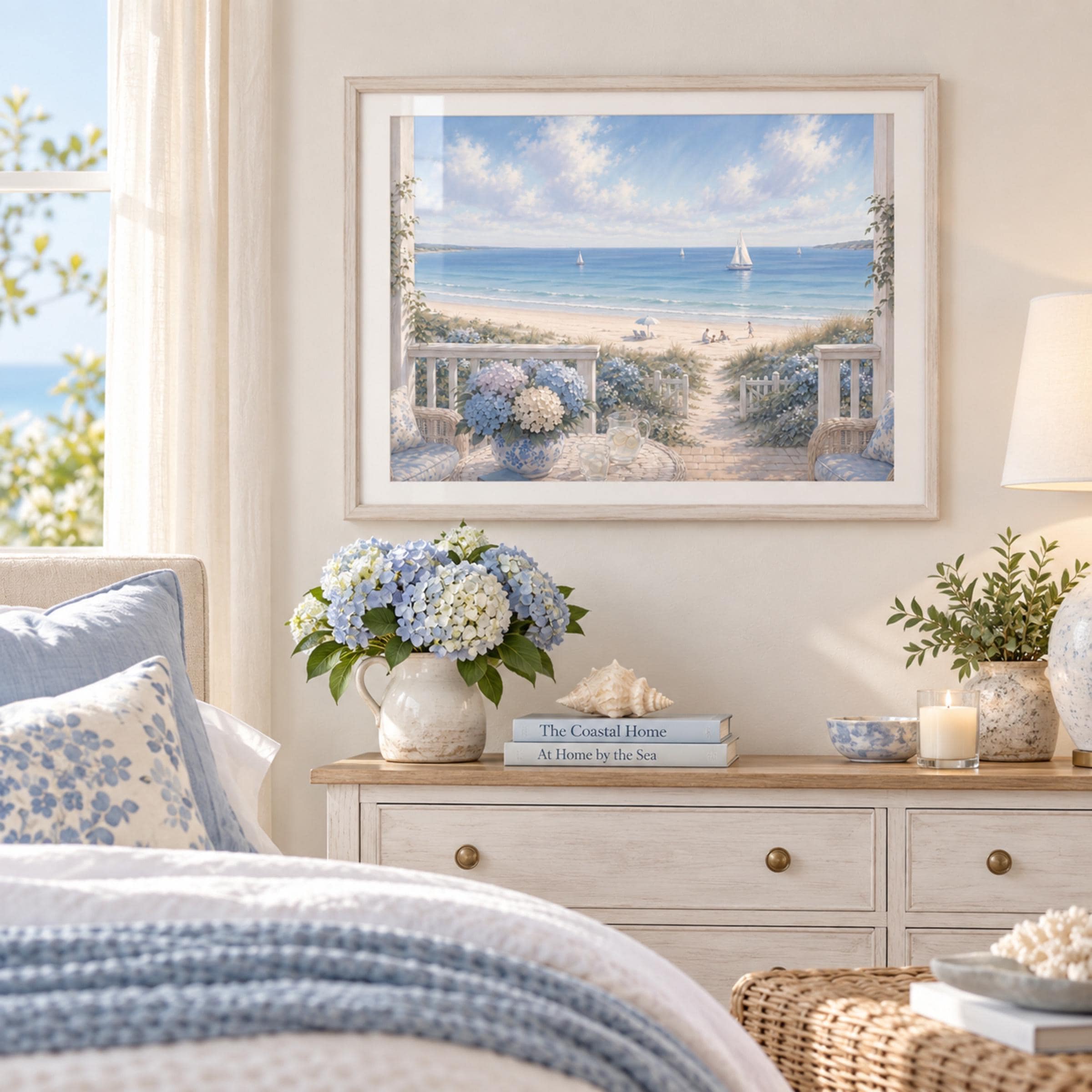 Summer Coastal Hydrangea Porch Printable Wall Art, Beach Cottage Ocean View Decor Digital Download — image 5
