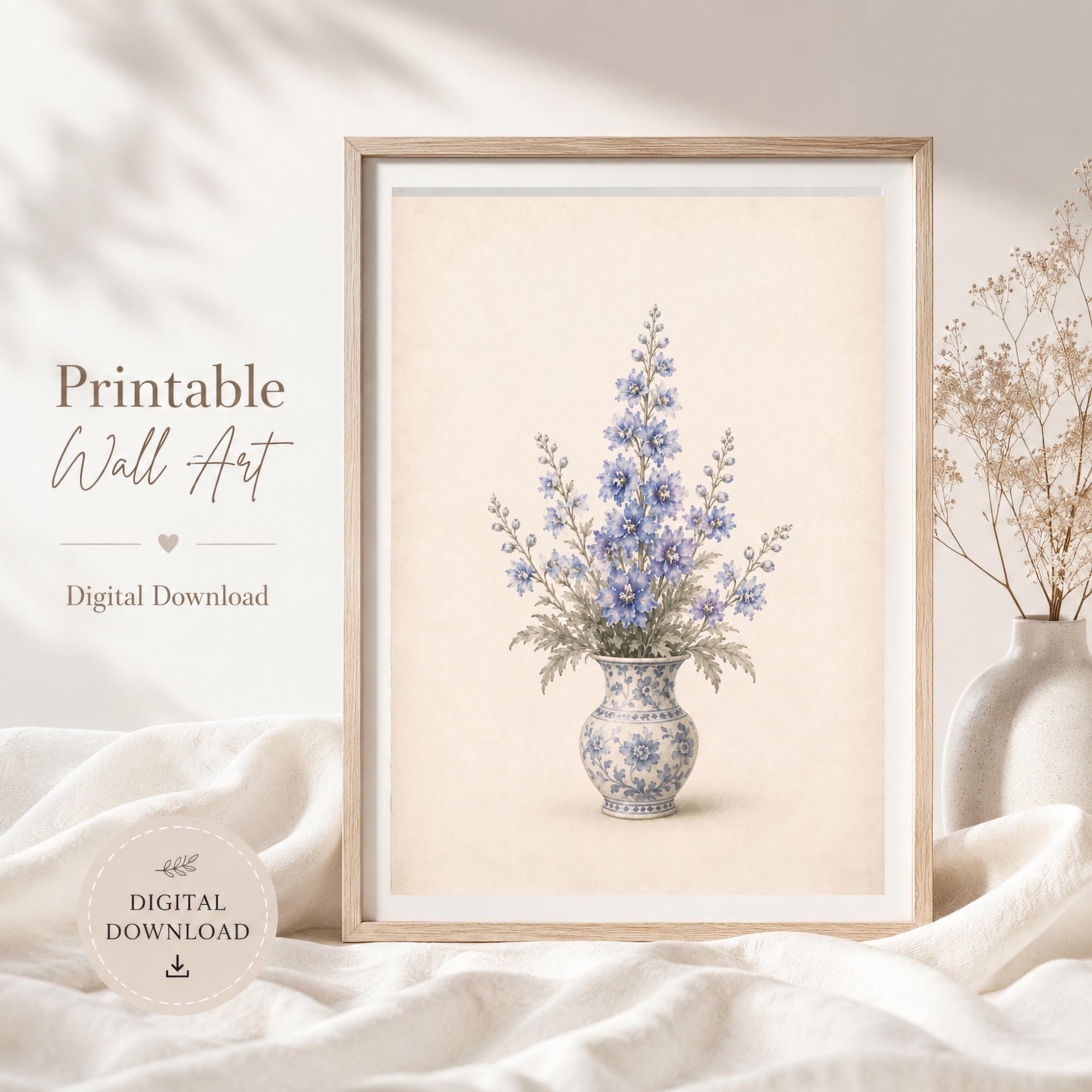 July Birth Flower Bouquet Art Print | Larkspur Printable Art | Blue Floral Vase Digital Download — image 5