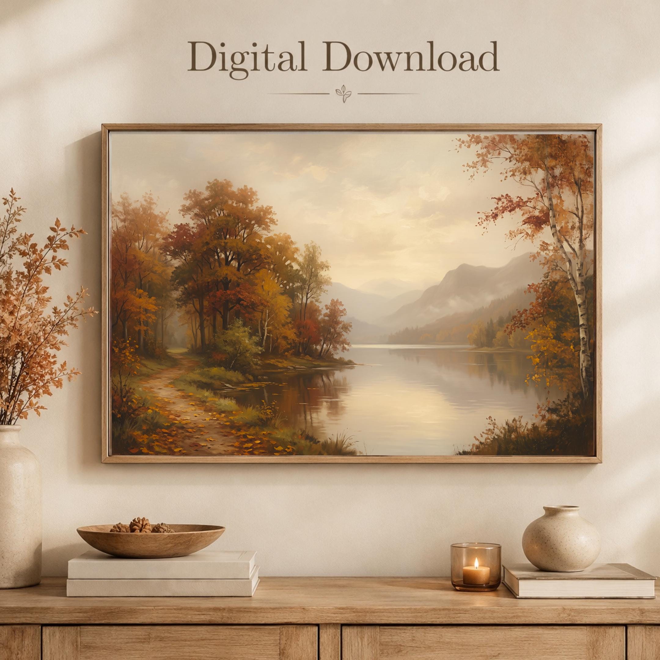 Autumn Lake Landscape Print, Moody Countryside Landscape, Rustic Fall Decor (Digital Download)