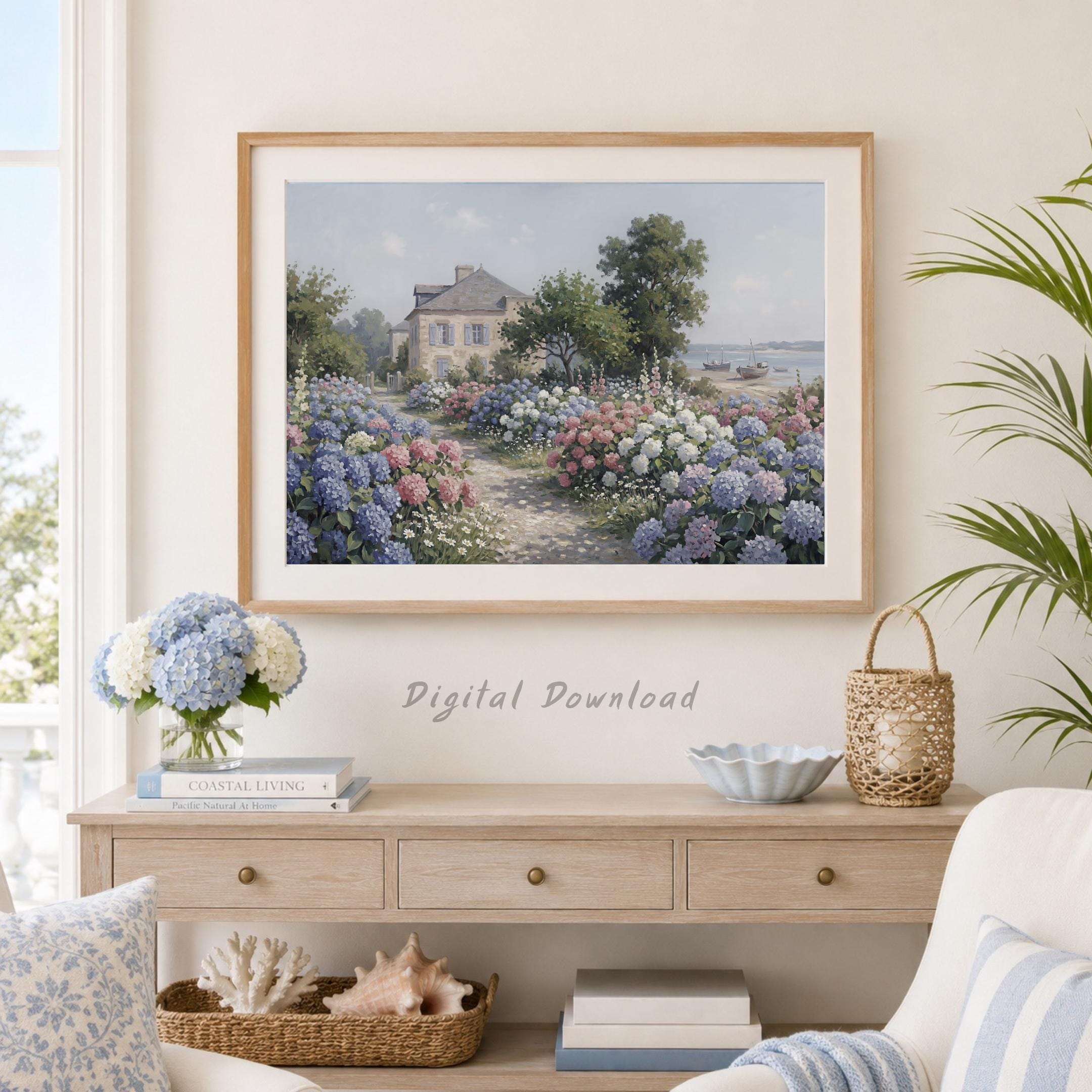 Coastal Hydrangea Garden Print, Seaside Cottage Floral Landscape, Summer Decor (Digital Download) — image 3
