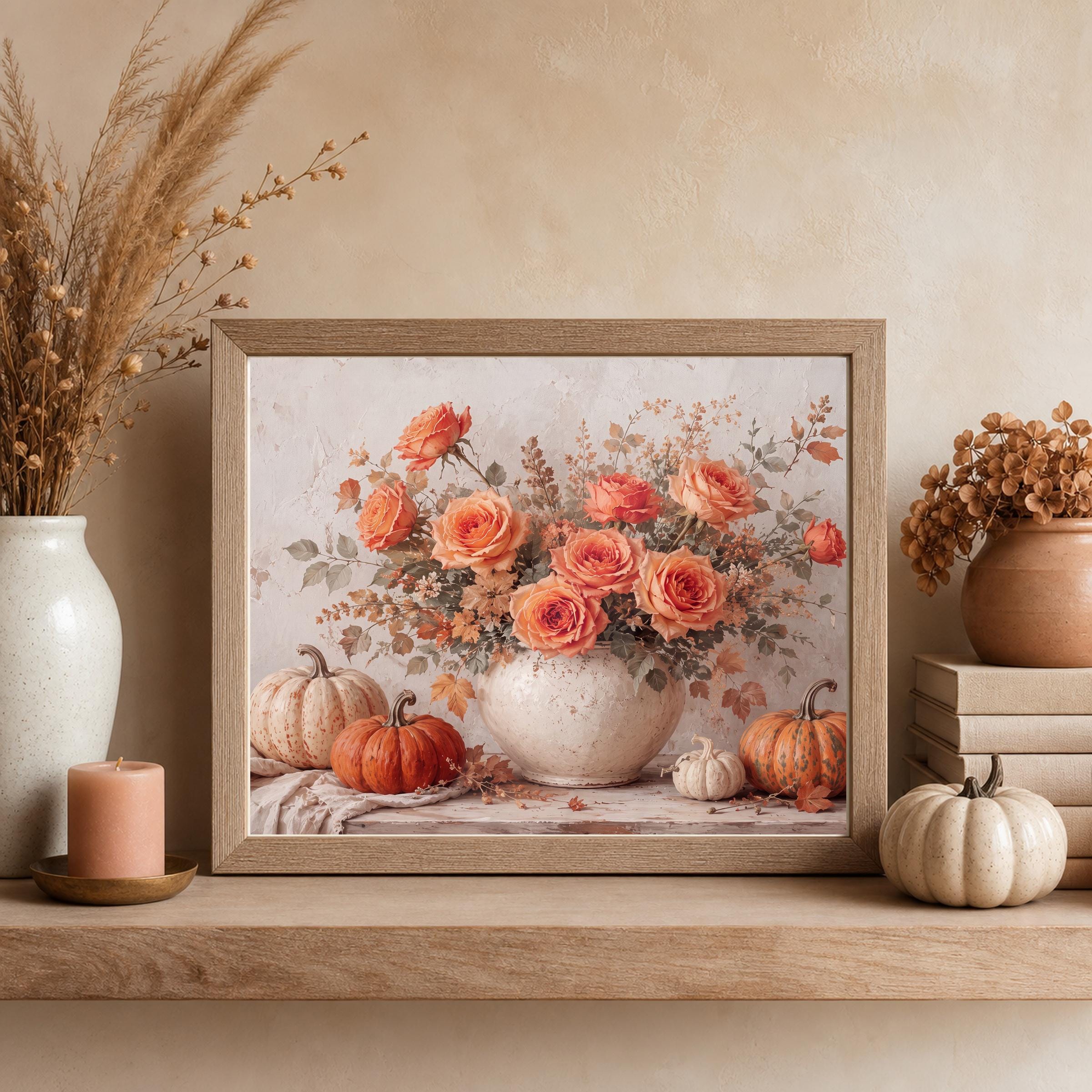 Autumn Rose Pumpkin Wall Art, Vintage Floral Still Life Printable Digital Download — image 4