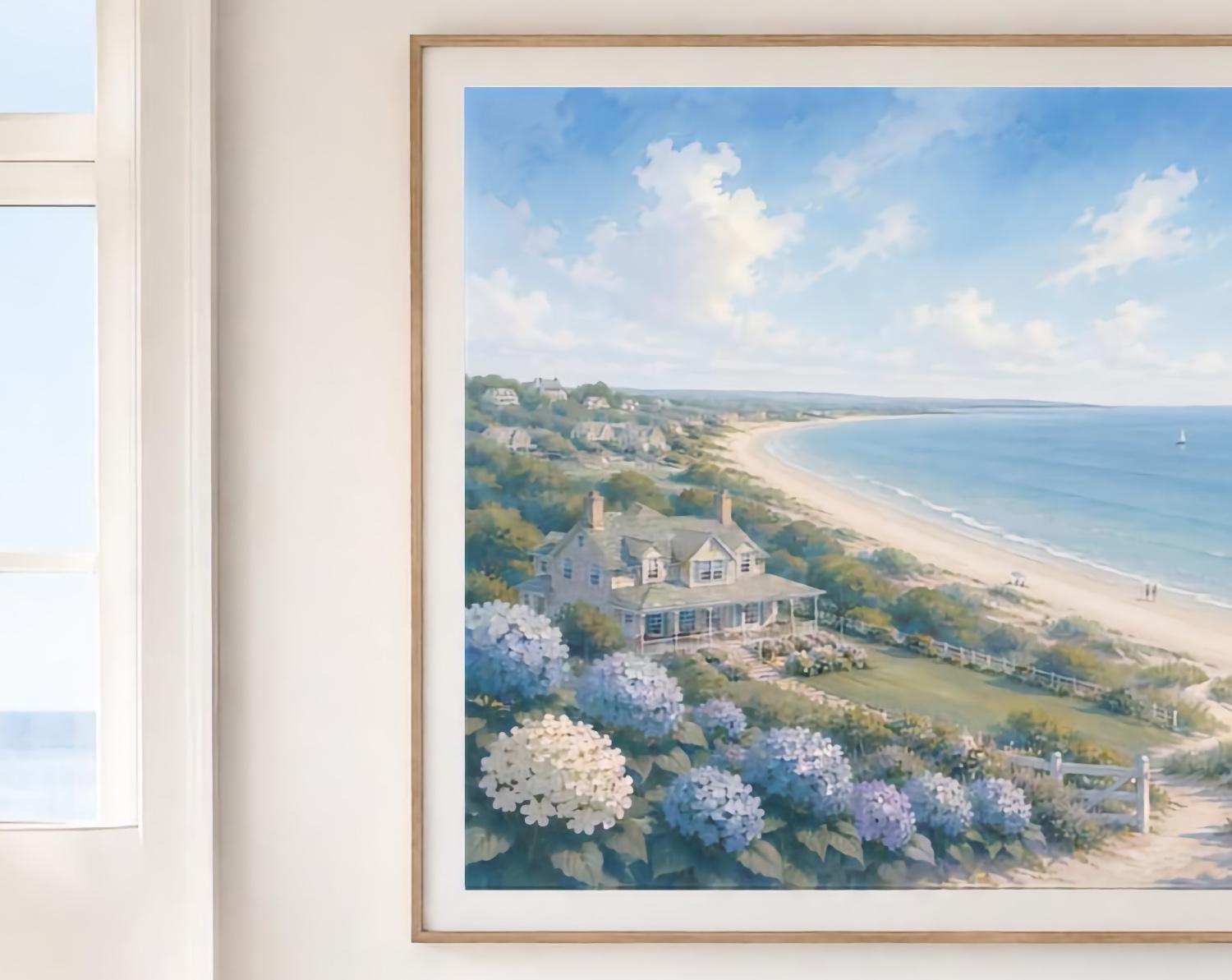Coastal Hydrangea Beach Printable Wall Art, Sailboat Seaside Cottage Summer Home Decor Digital Download — image 2