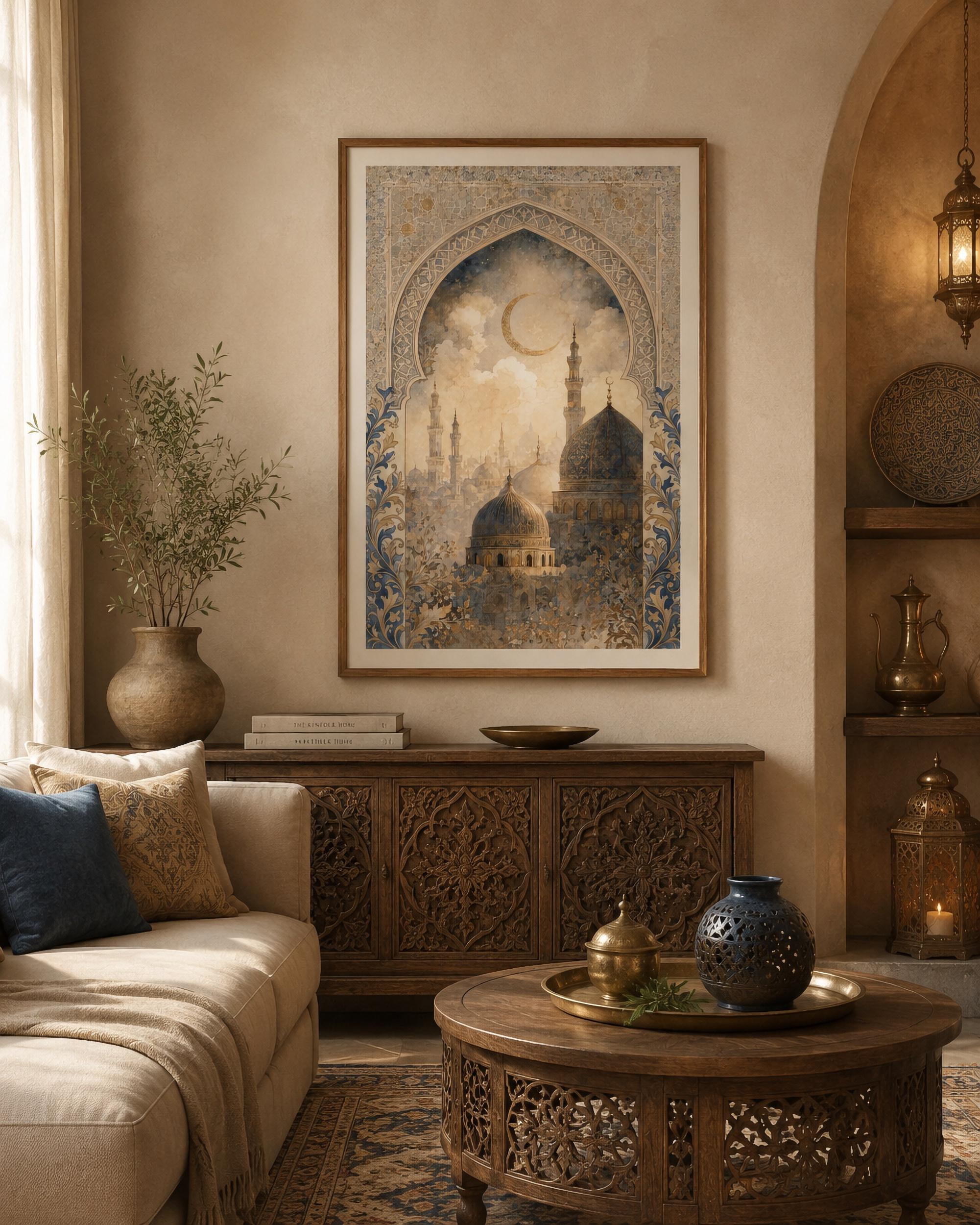 Islamic Architecture Printable Wall Art, Blue Gold Mosque and Crescent Moon Digital Download — image 4
