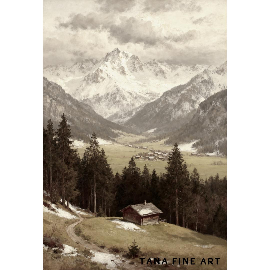 Alpine Mountain Landscape Wall Art, Rustic Cabin Valley, Vintage Paintings Nature Decor (Digital Download) — image 2